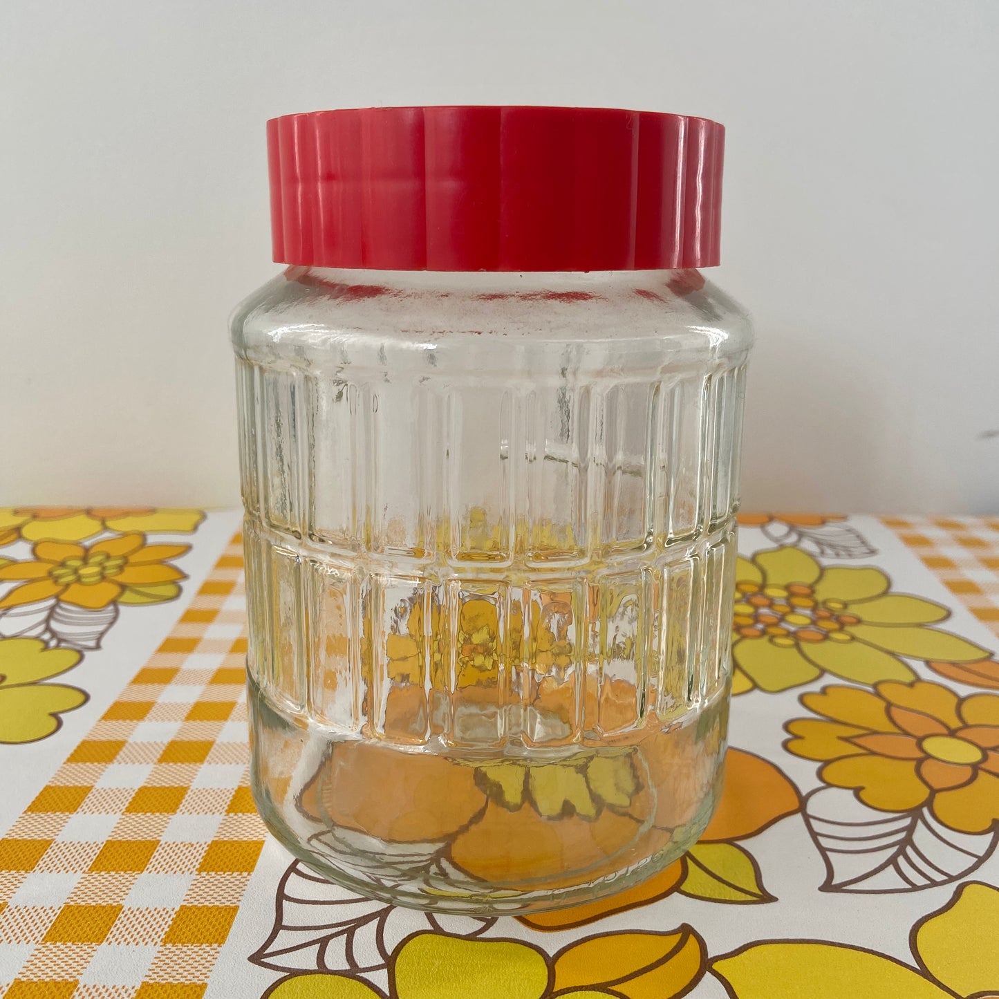 GLASS Jar RED Lid RETRO Kitchen Storage Pink Peacock