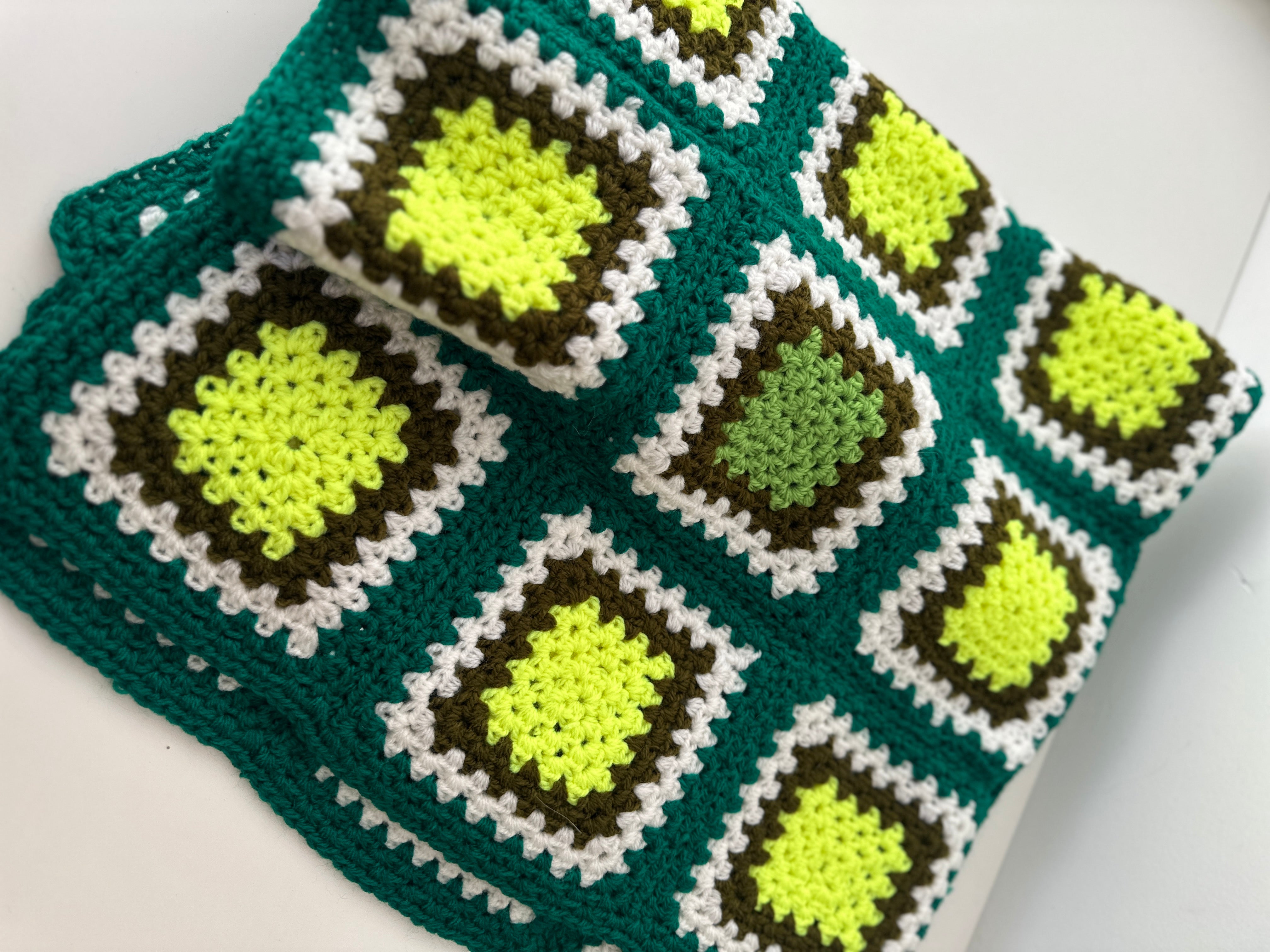 Green Crochet Granny Blanket AS NEW