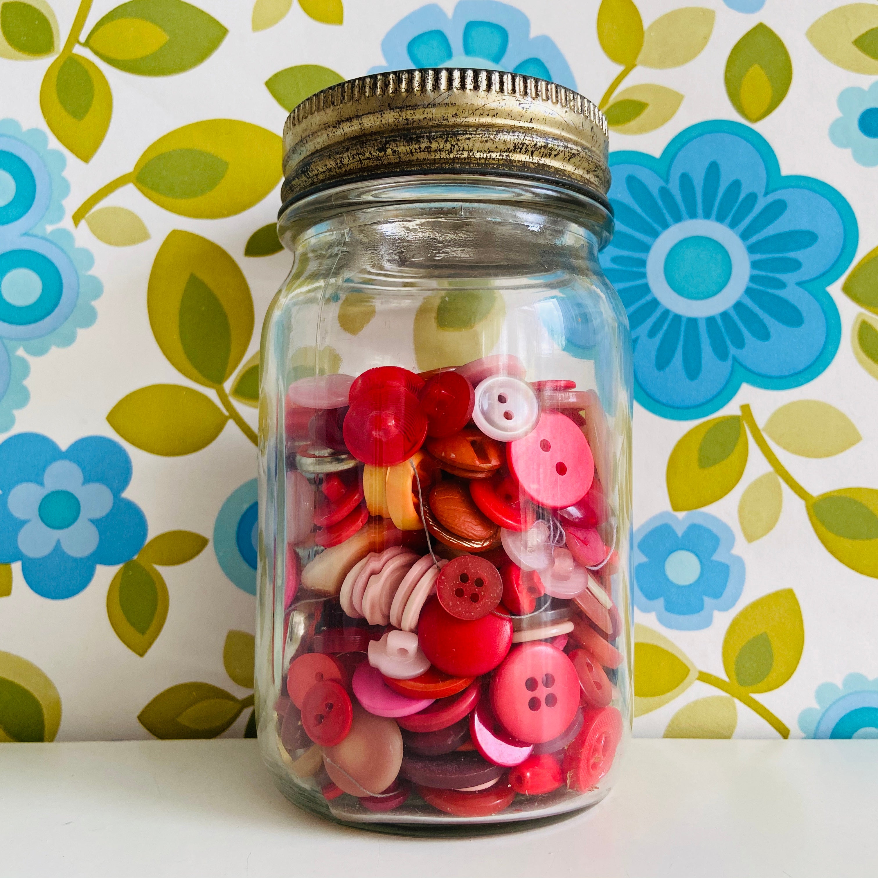 Cool Old Jar Full of Random Red & Pink Buttons