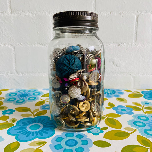 Large OLD Jar Full of Vintage Buttons Gold Silver Fabric