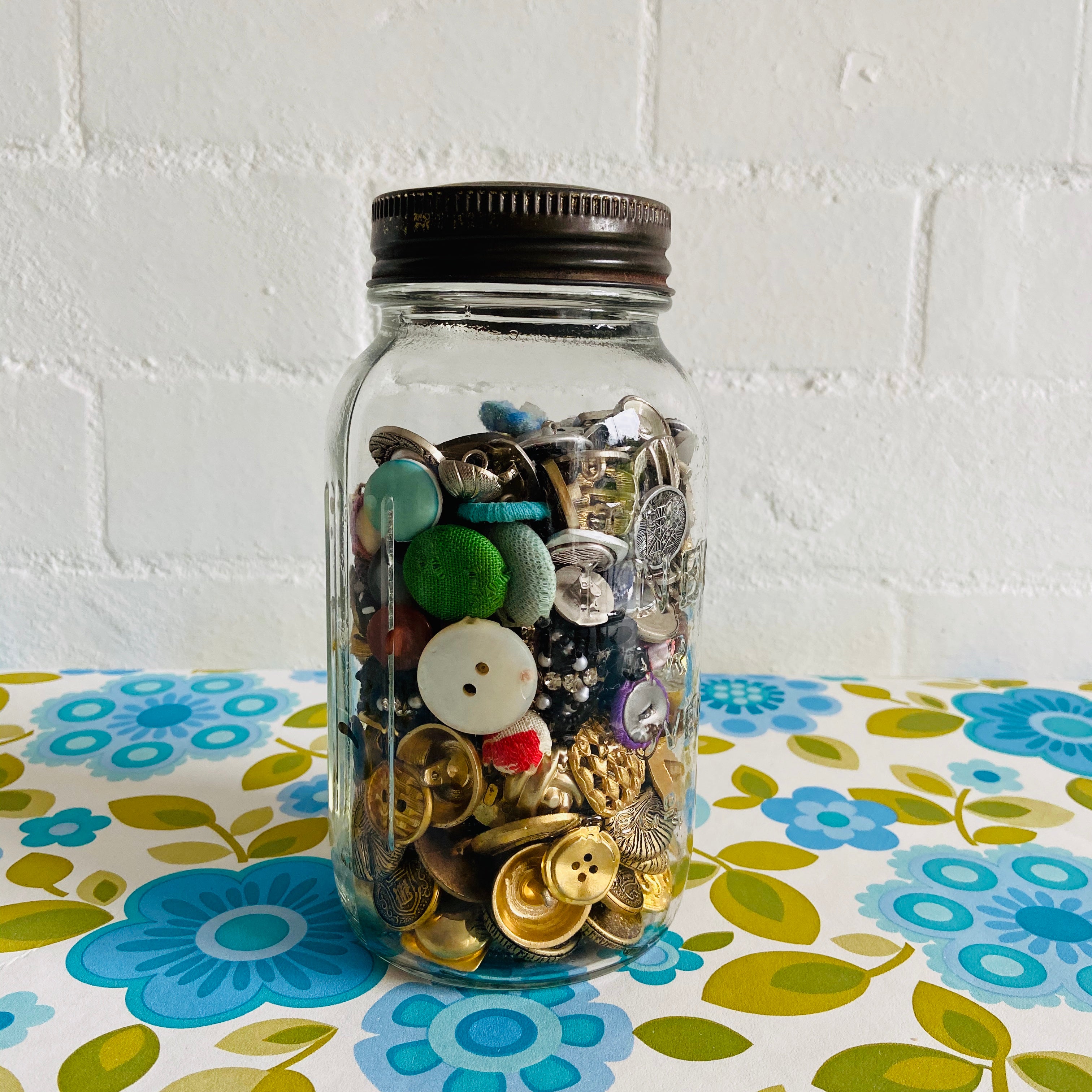 Large OLD Jar Full of Vintage Buttons Gold Silver Fabric