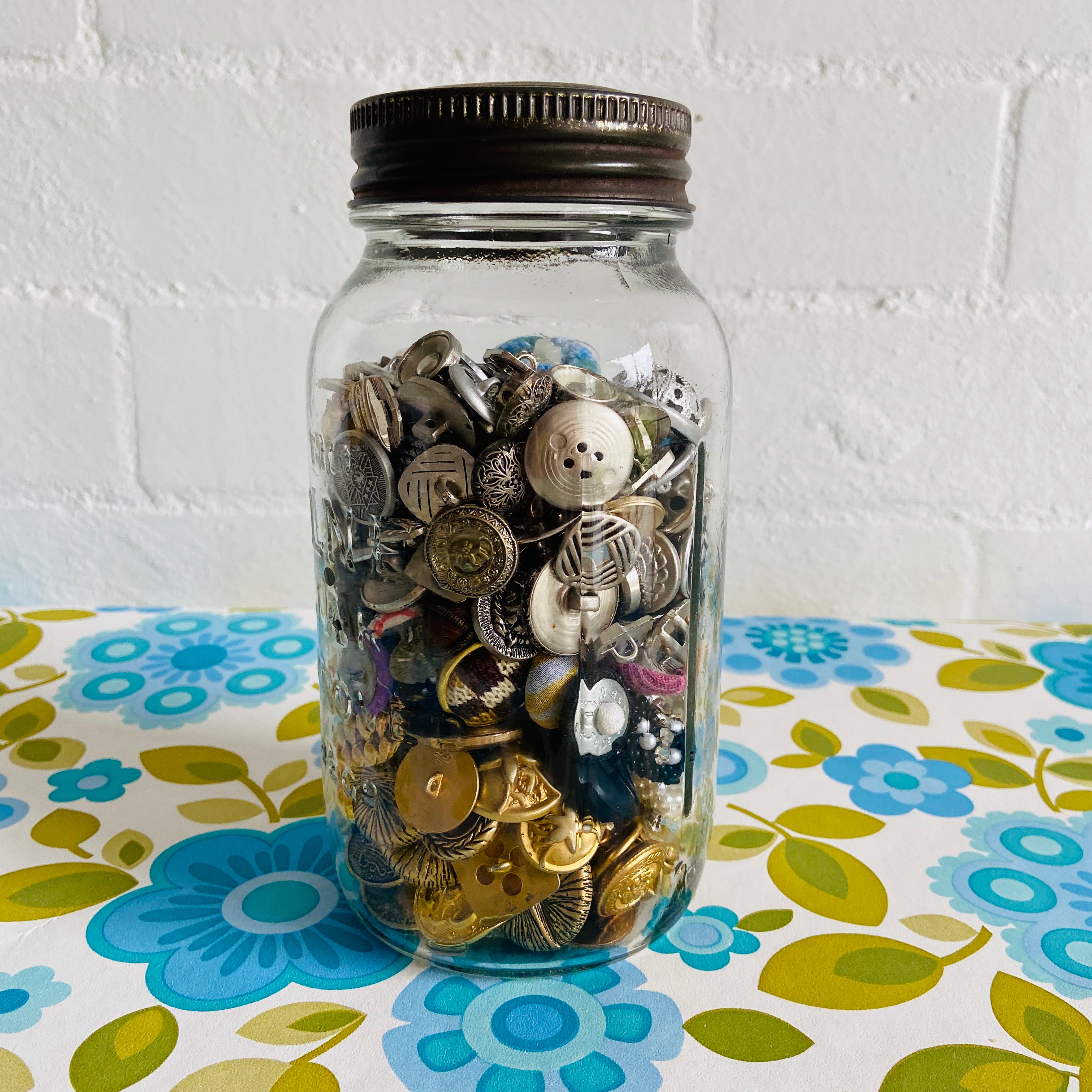 Large OLD Jar Full of Vintage Buttons Gold Silver Fabric