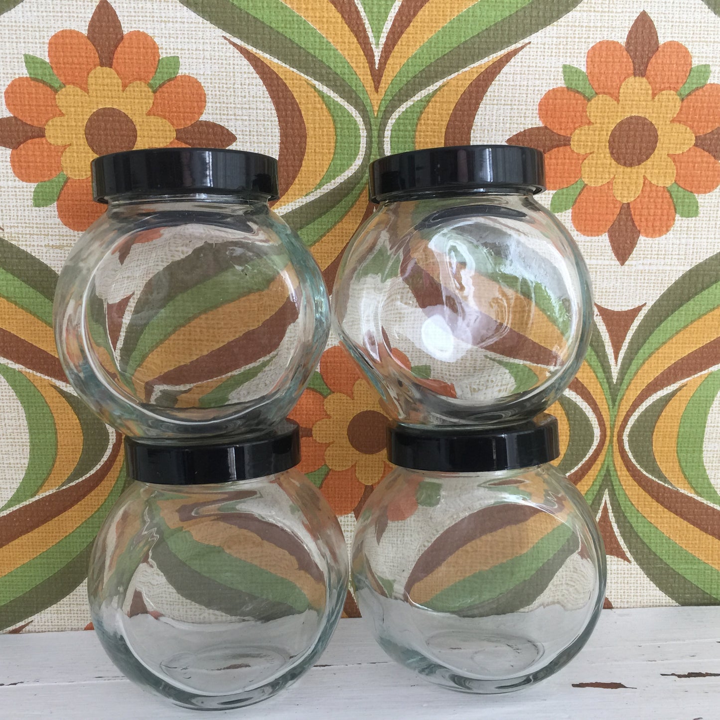 Cute SET of Vintage Style Jars with Black Lids Glass Containers Craft Kitchen
