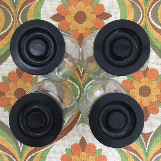 Cute SET of Vintage Style Jars with Black Lids Glass Containers Craft Kitchen
