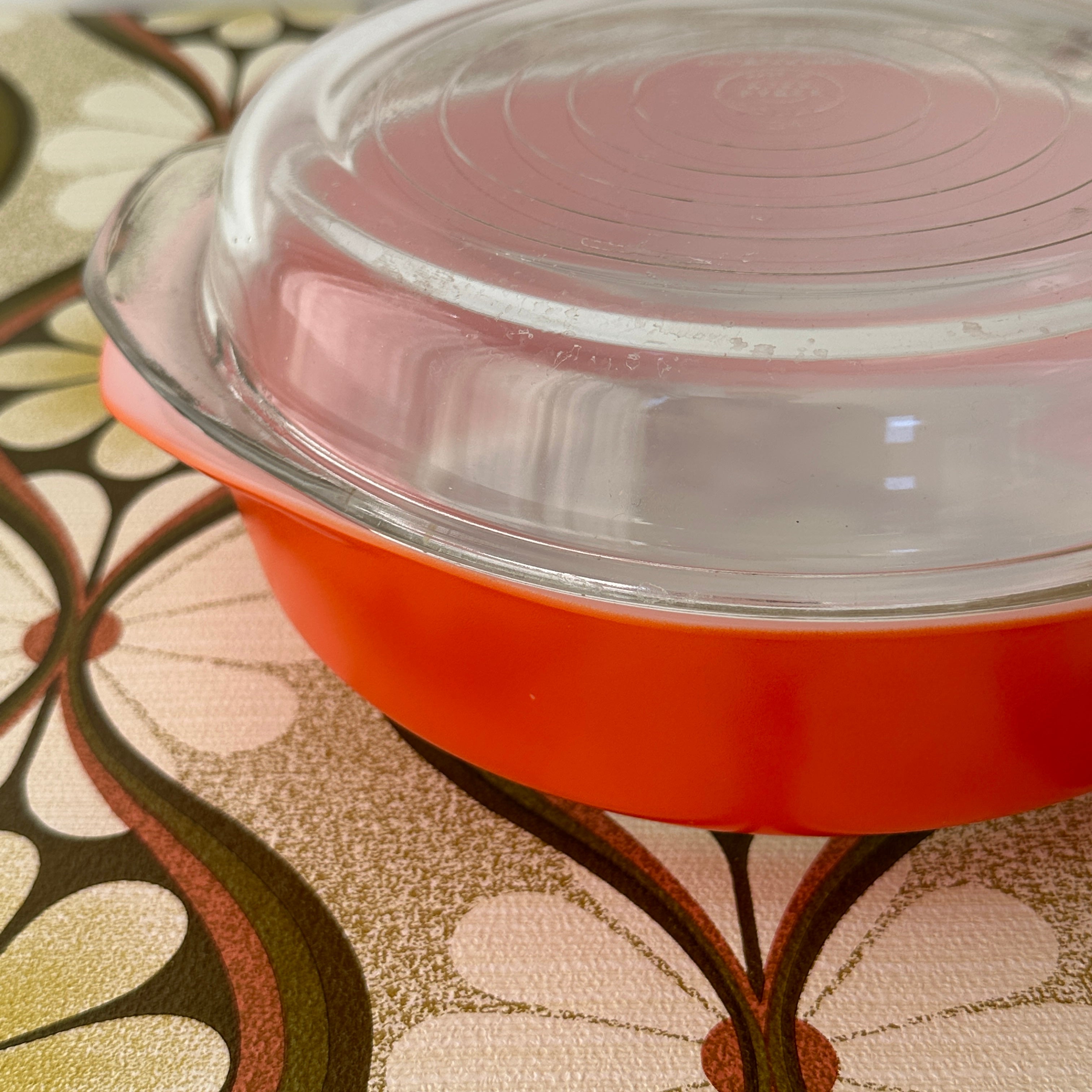 Large AGEE Pyrex Casserole Dish BRIGHT ORANGE Pink Peacock