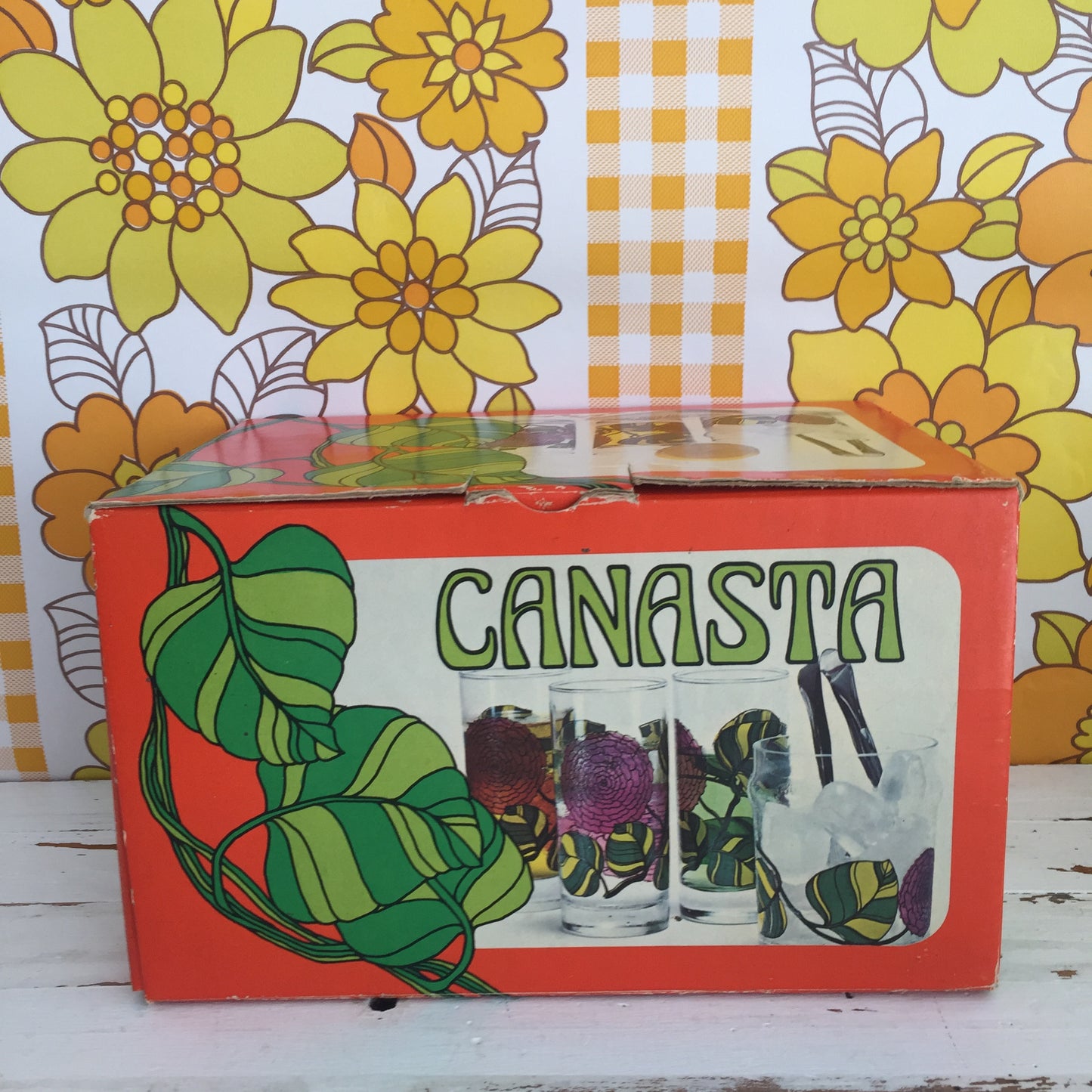 RETRO 70'S Boxed GLASSES CANASTA Ice Bucket Glass SET FLORAL VINTAGE