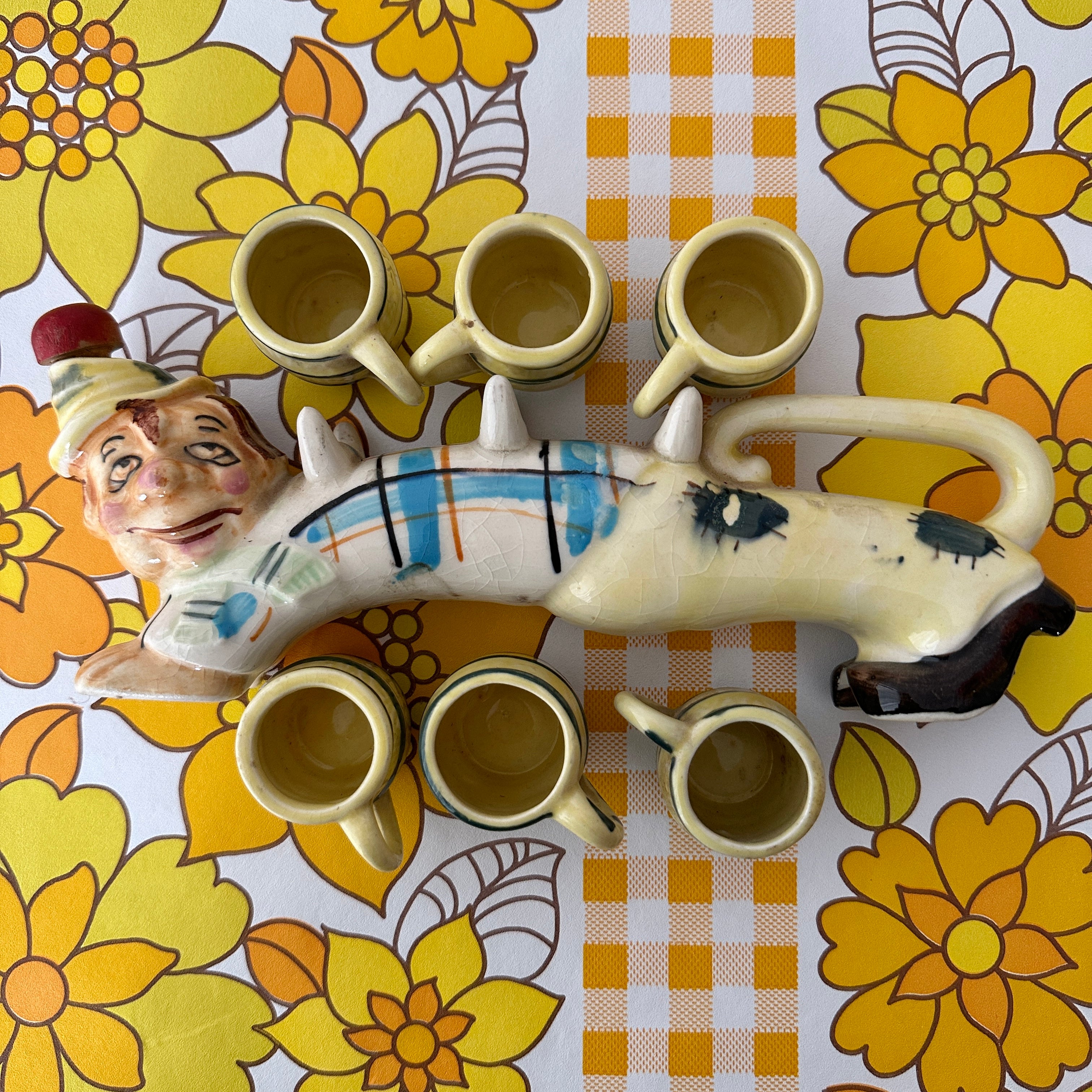 JAPAN Kitsch Carry Clown Porcelain Six Cups 1950's