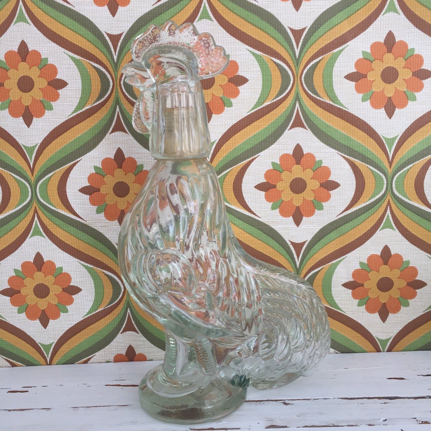 AMAZING Vintage GLASS Decanter ROOSTER Perfect Bar Kitsch