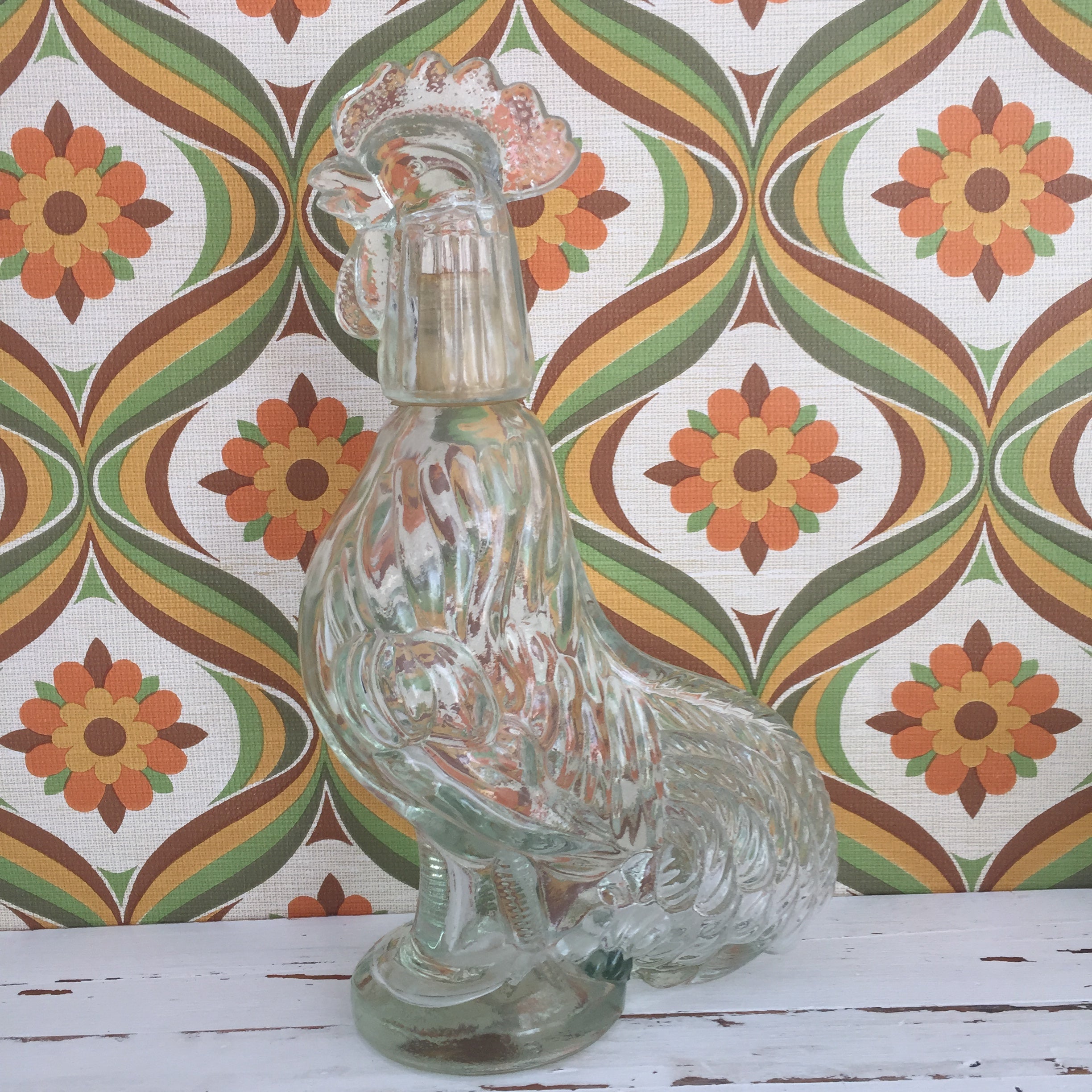 AMAZING Vintage GLASS Decanter ROOSTER Perfect Bar Kitsch