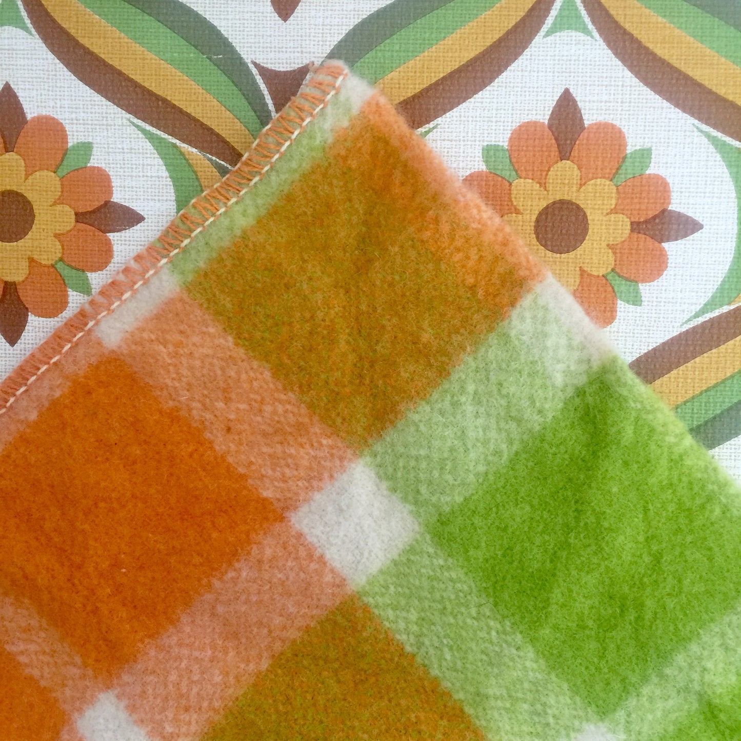 Orange & Green Checked VINTAGE Blanket Fabric RETRO Bed