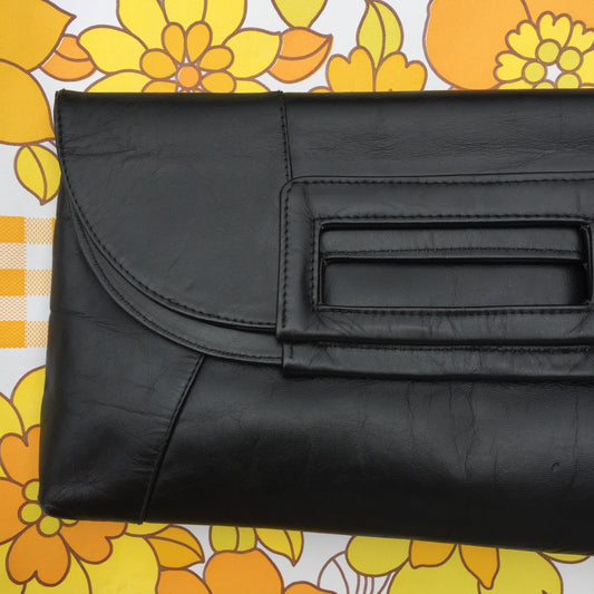 GENUINE LEATHER 80'S Clutch Handbag Black