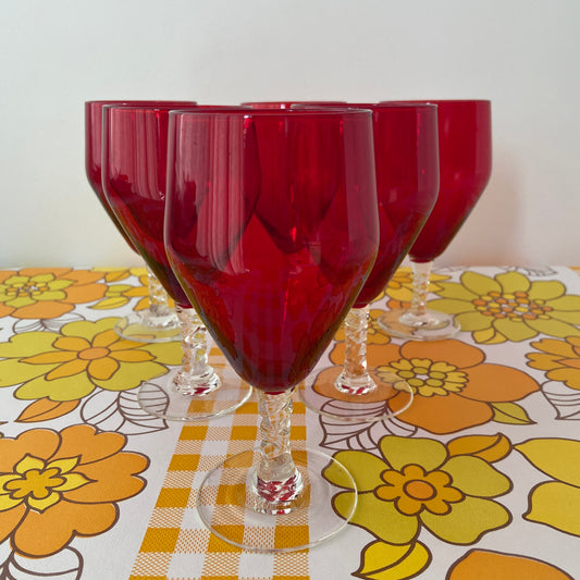 Beautiful Vintage Glasses RED Twisted Stem Six