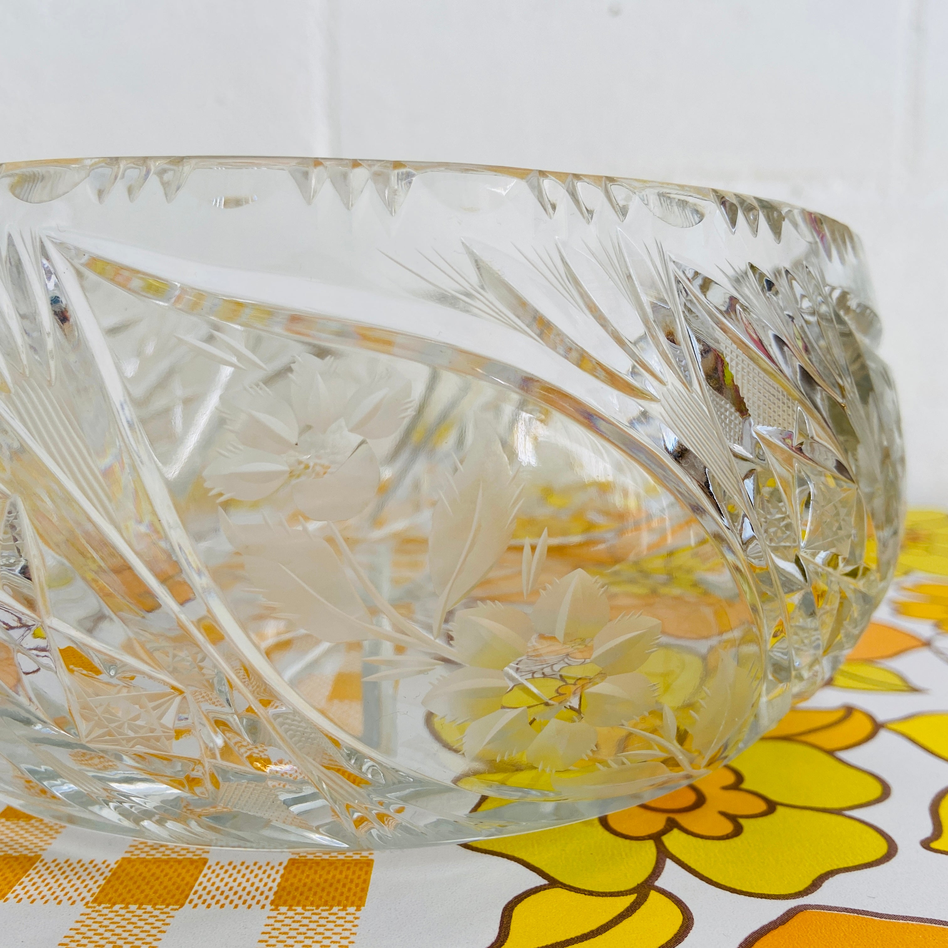 CRYSTAL ETCHED Vintage Salad Bowl Floral Beautiful