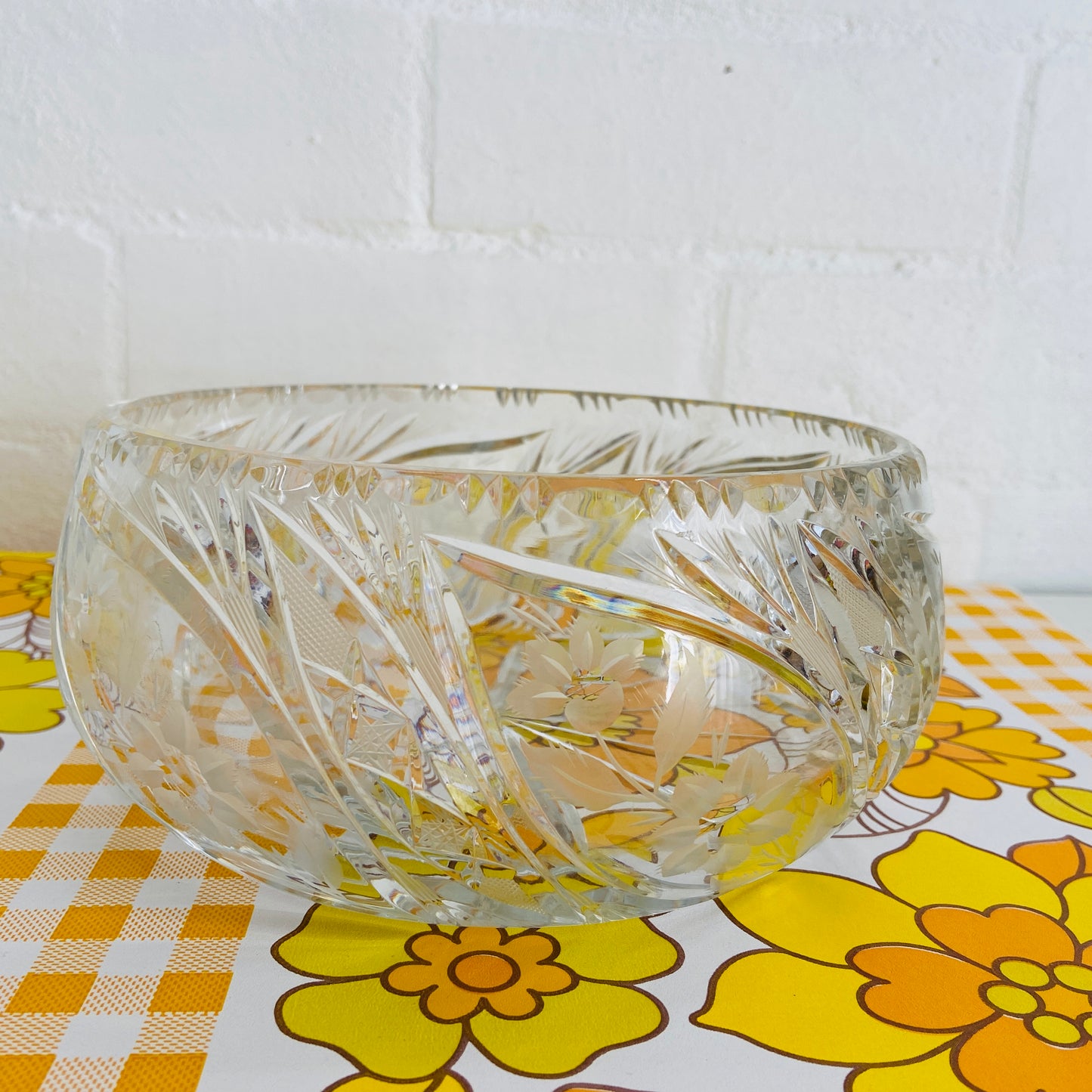 CRYSTAL ETCHED Vintage Salad Bowl Floral Beautiful