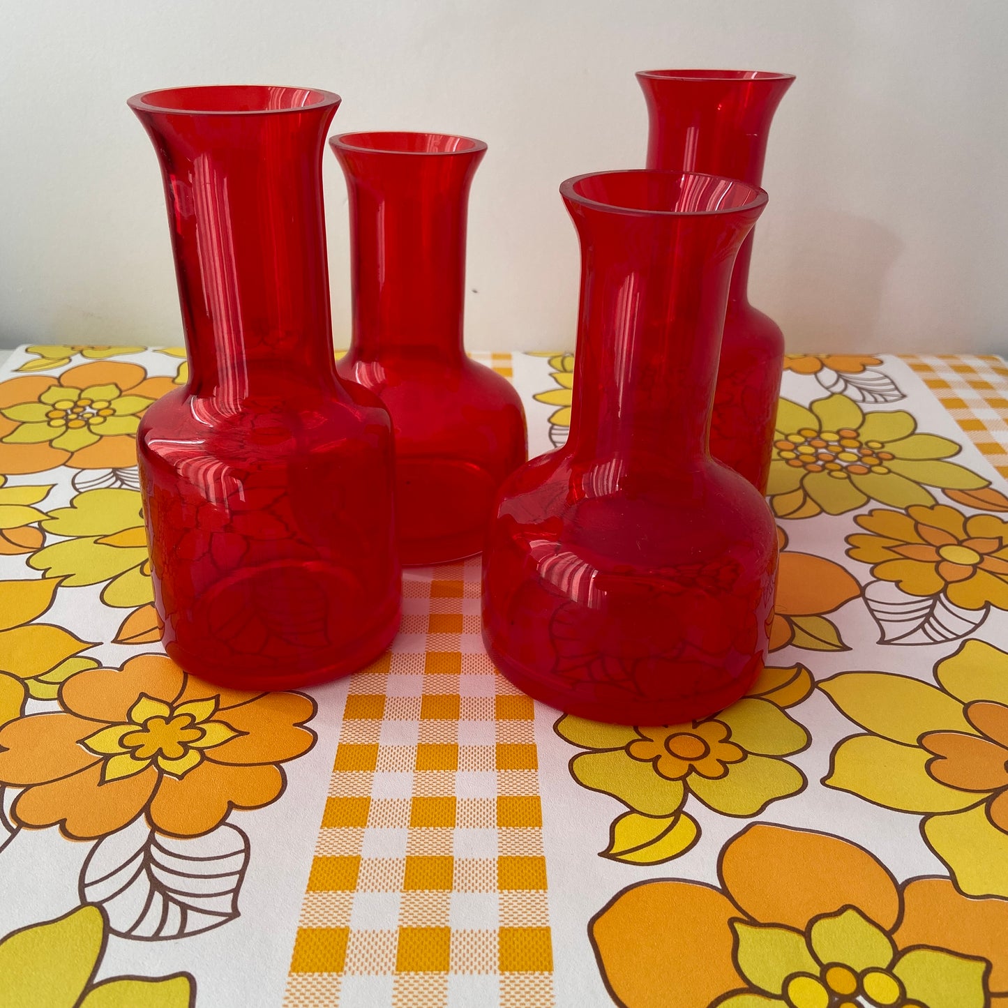 FOUR Retro Red Glass Vases VINTAGE Home Display