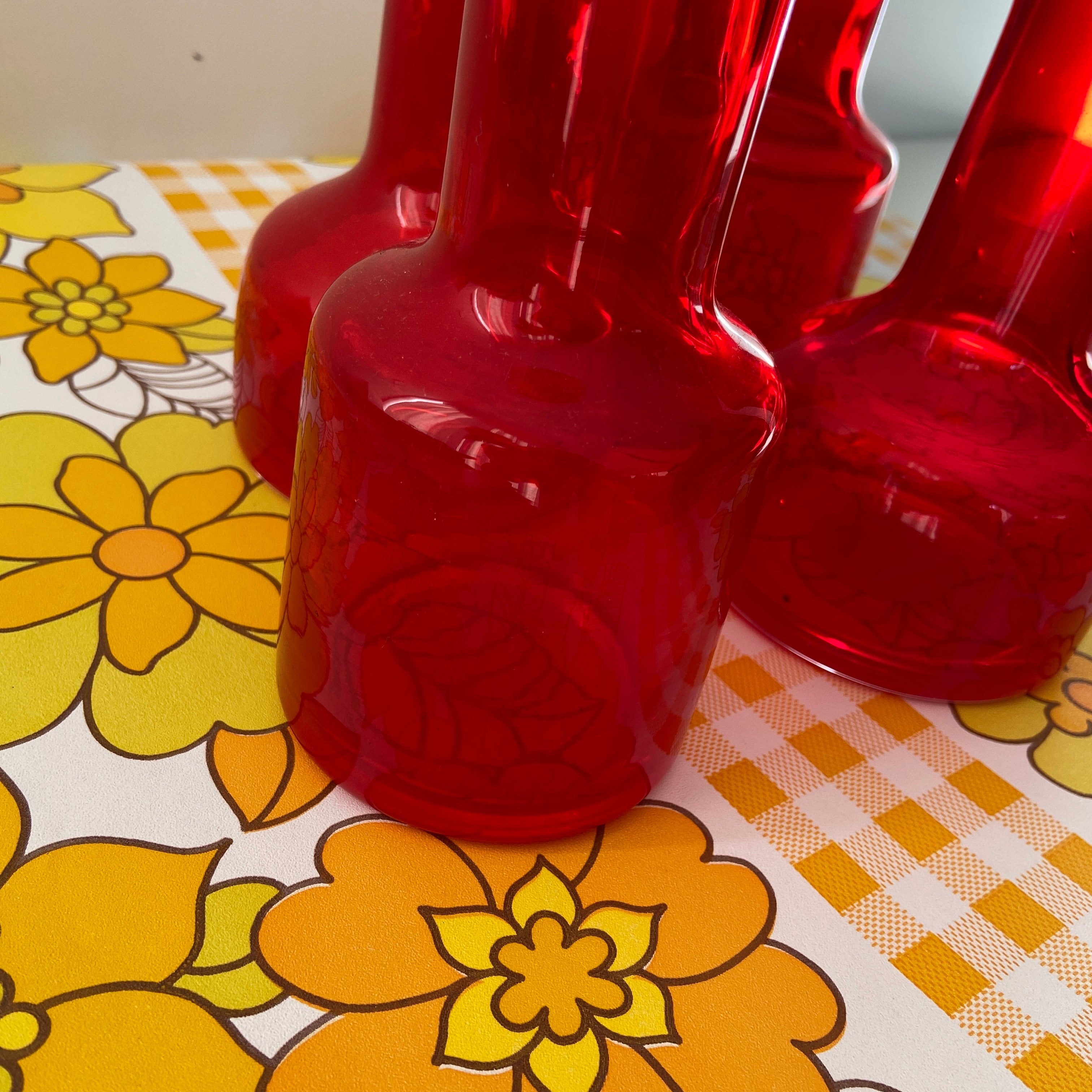 FOUR Retro Red Glass Vases VINTAGE Home Display