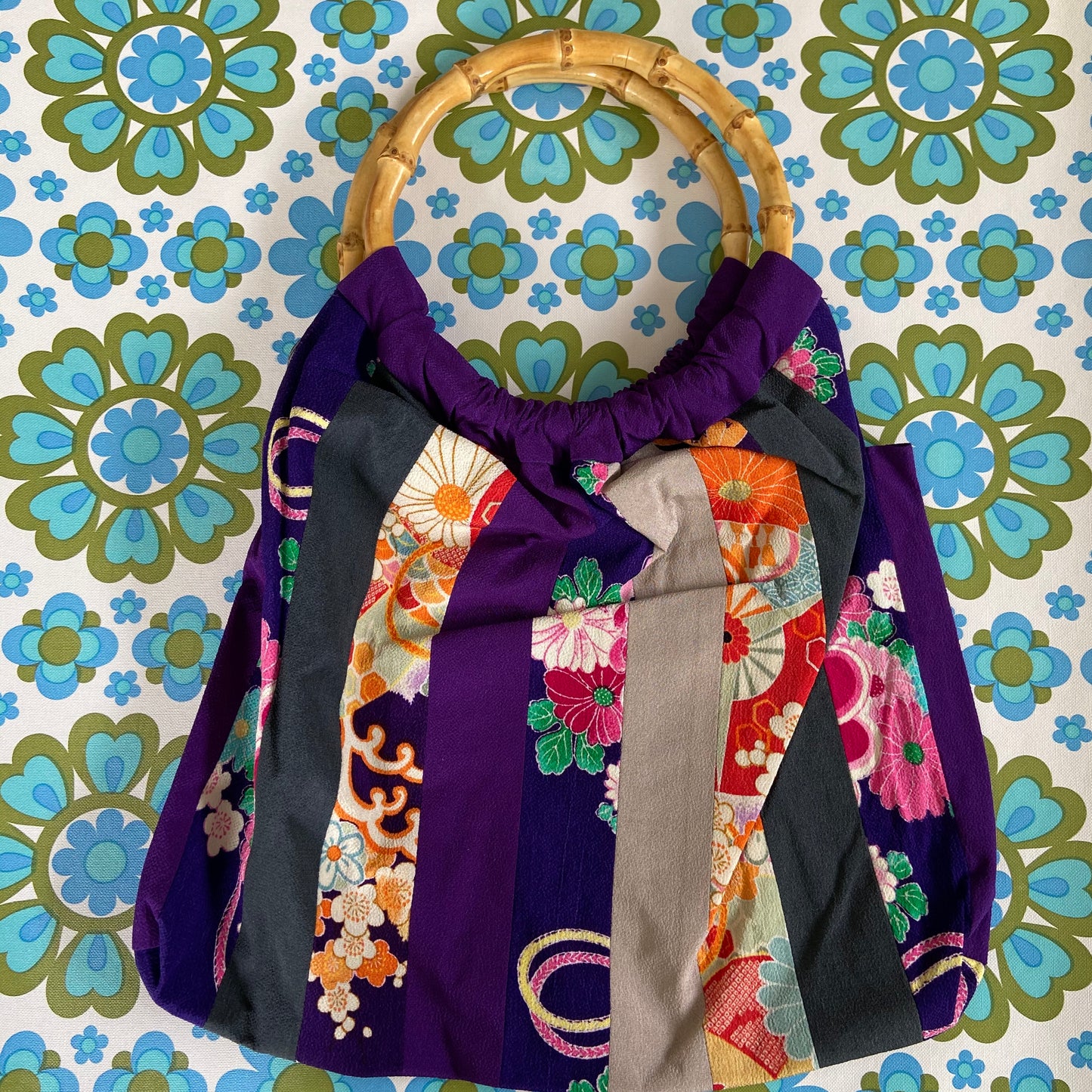 Cute Patchwork Bag HANDMADE Cane Handles ASIAN Inspired