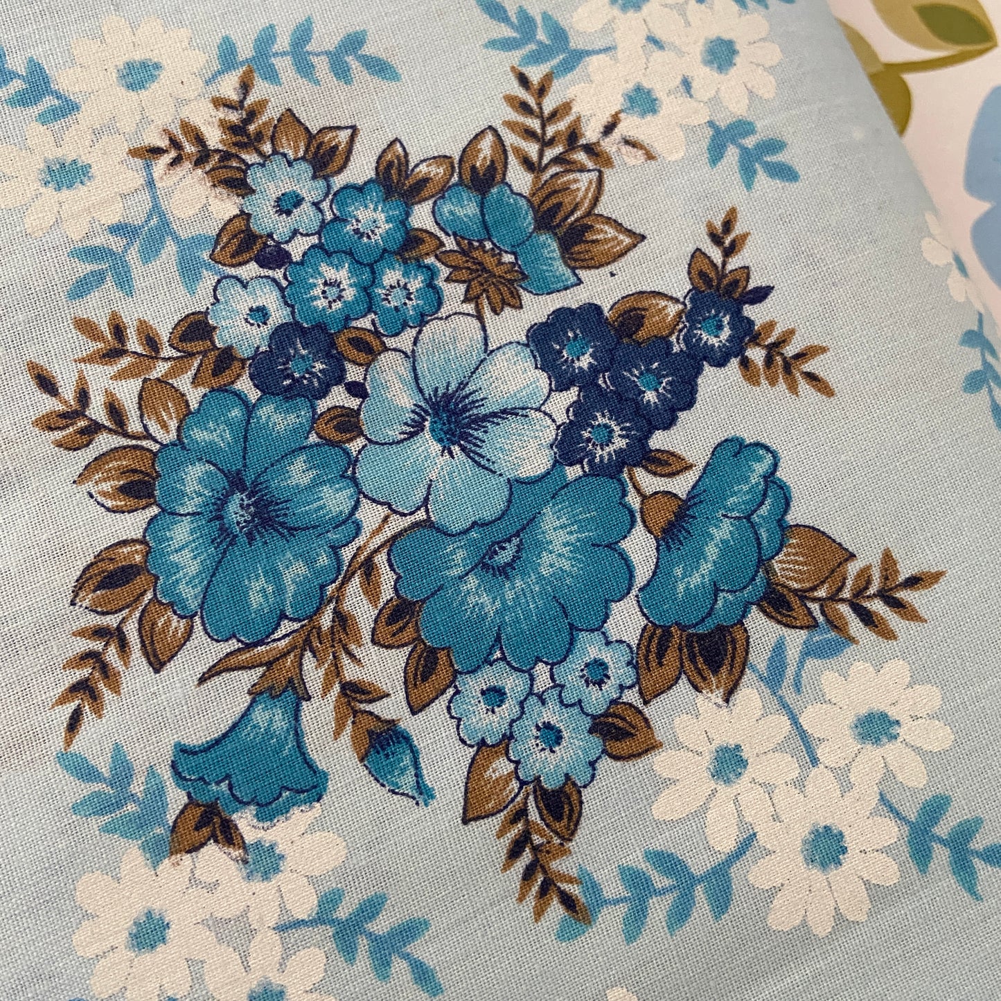PER Metre ALL COTTON Unused Vintage Blue Floral Fabric