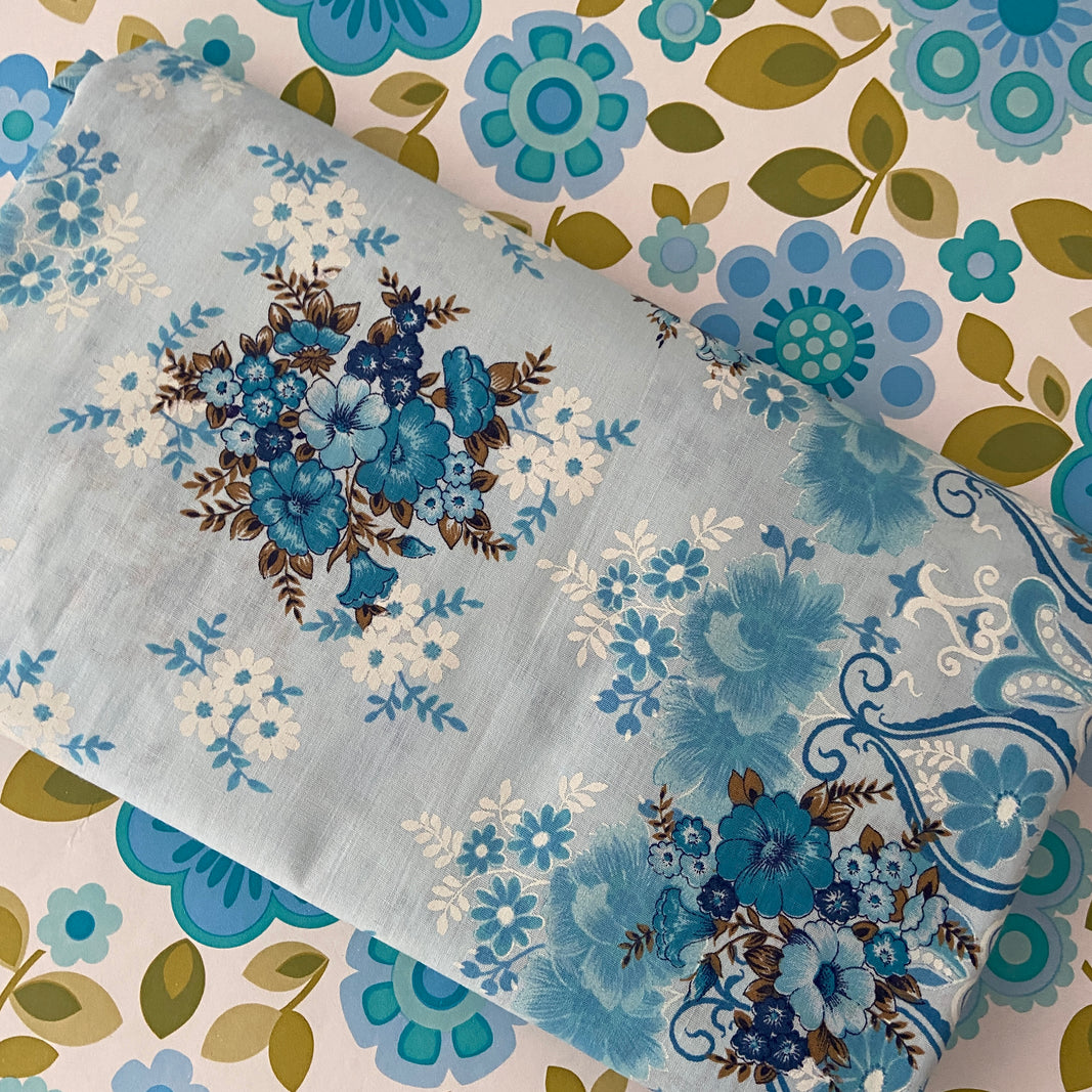 PER Metre ALL COTTON Unused Vintage Blue Floral Fabric