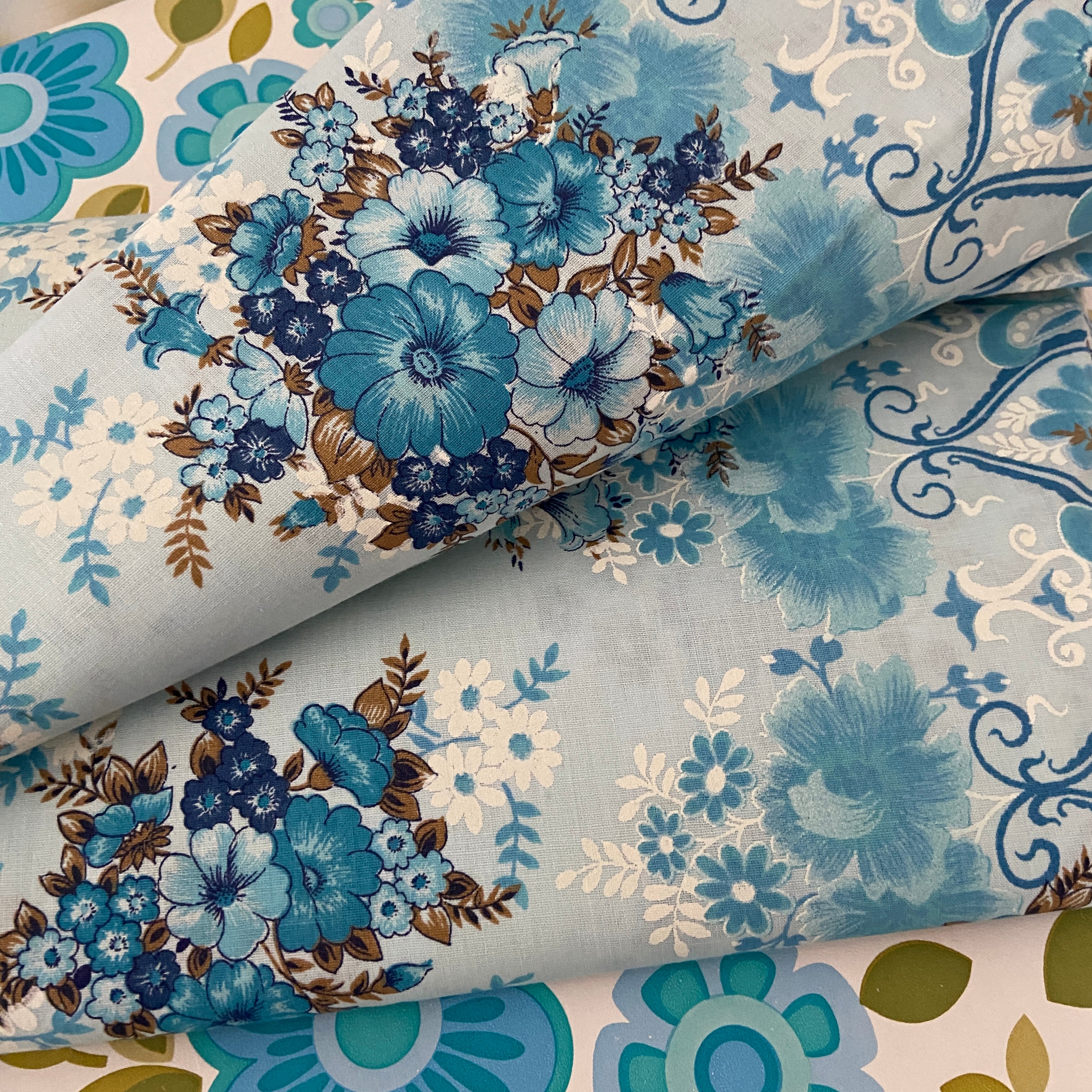 PER Metre ALL COTTON Unused Vintage Blue Floral Fabric