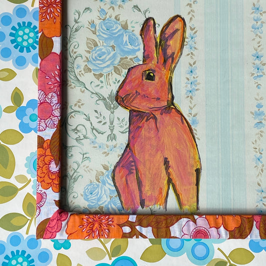 ONE of A KIND Rabbit with Vintage Fabric Frame Wallpaper