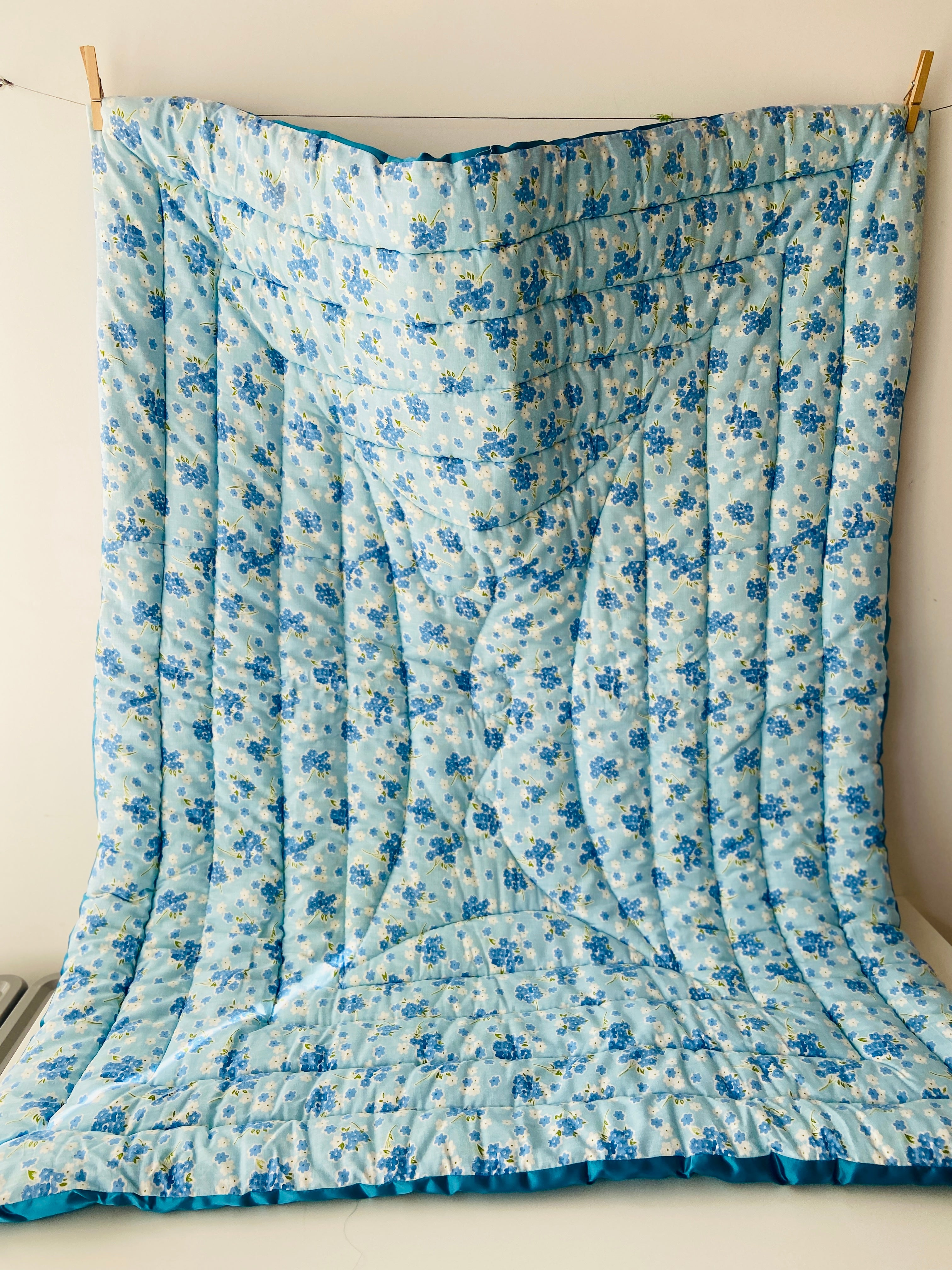 Cute Blue Floral Satin & Cotton QUILT