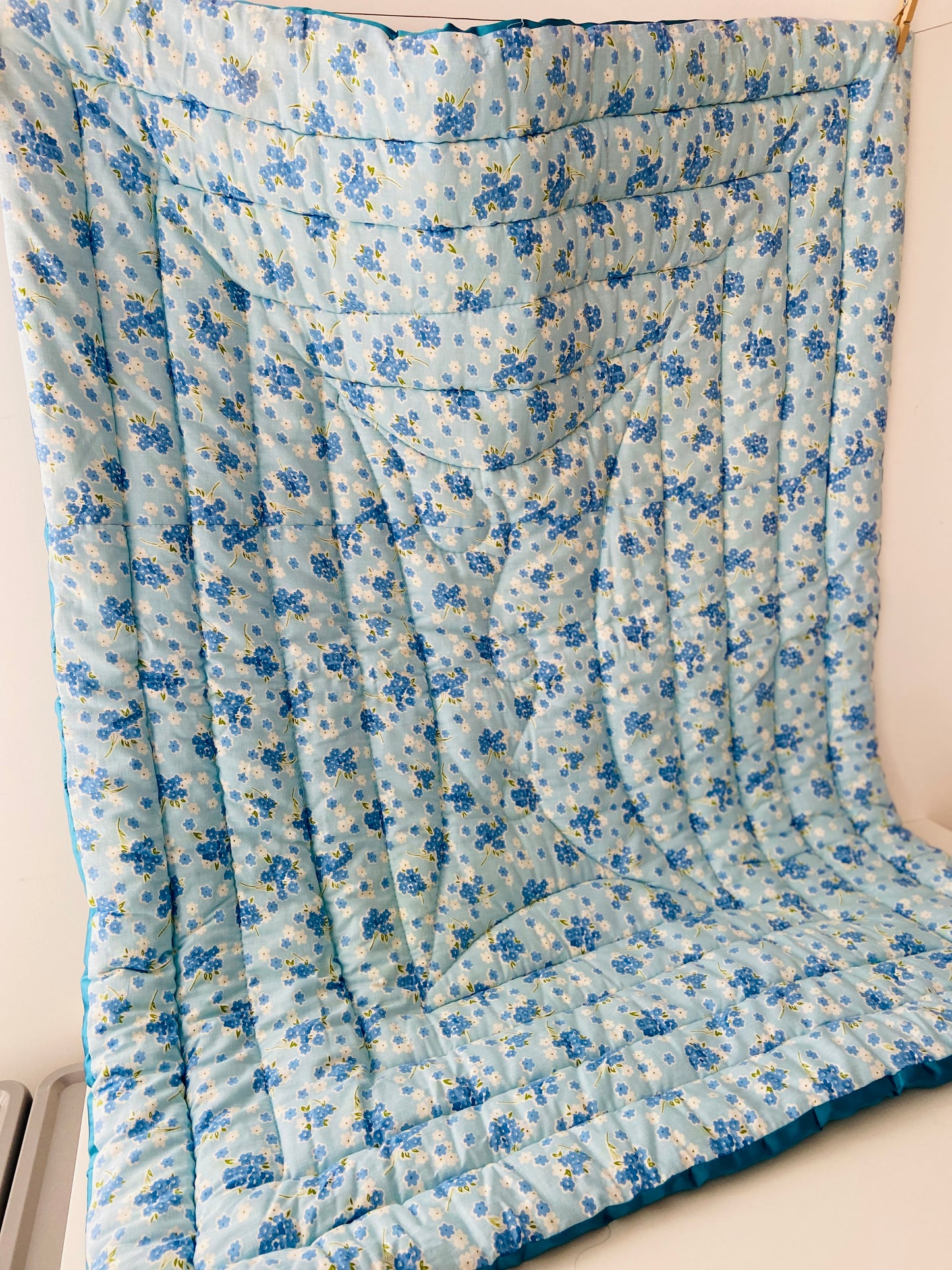 Cute Blue Floral Satin & Cotton QUILT