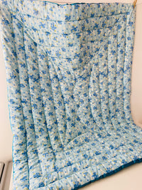 Cute Blue Floral Satin & Cotton QUILT