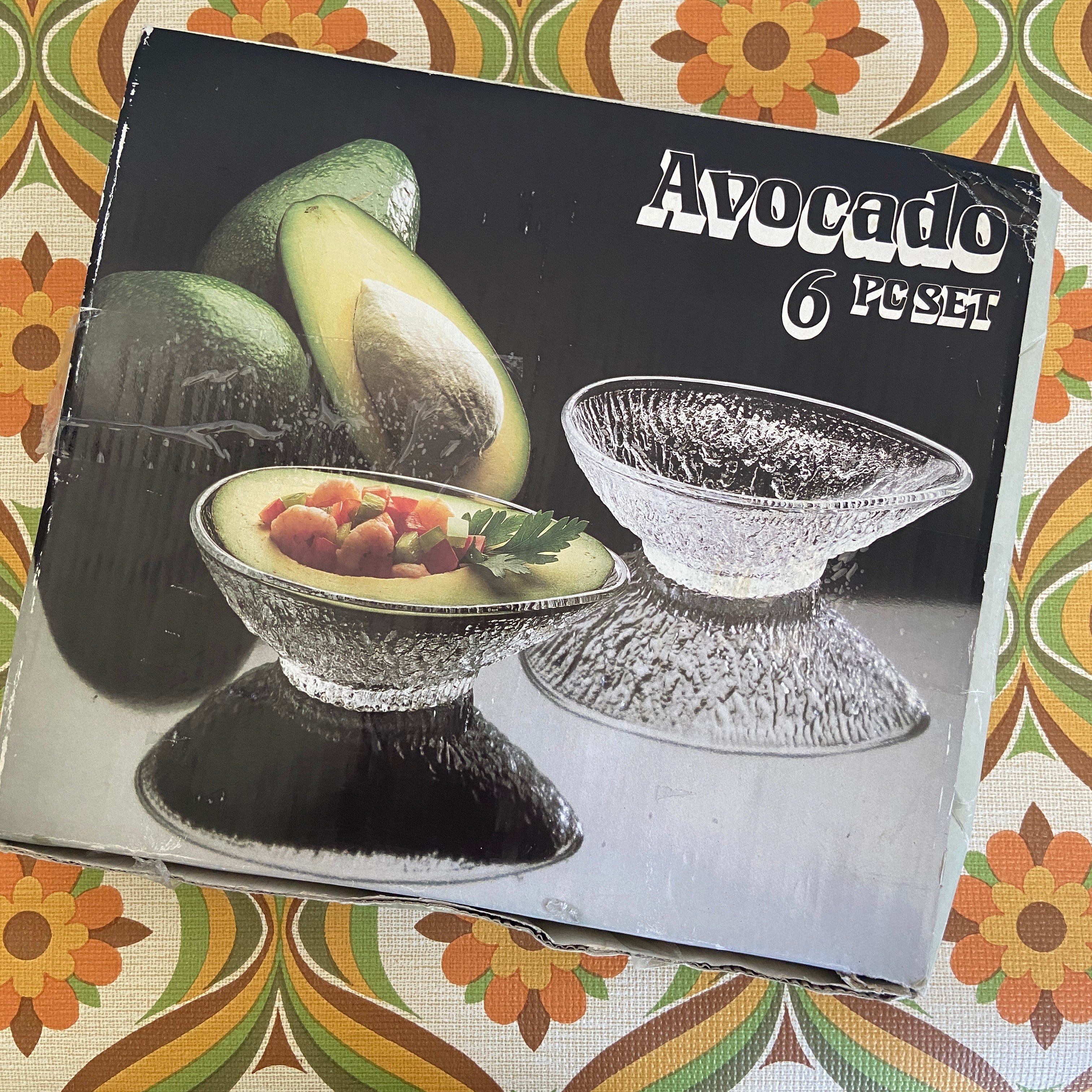 RETRO Avocado Set of SIX Boxed UNUSED Glass