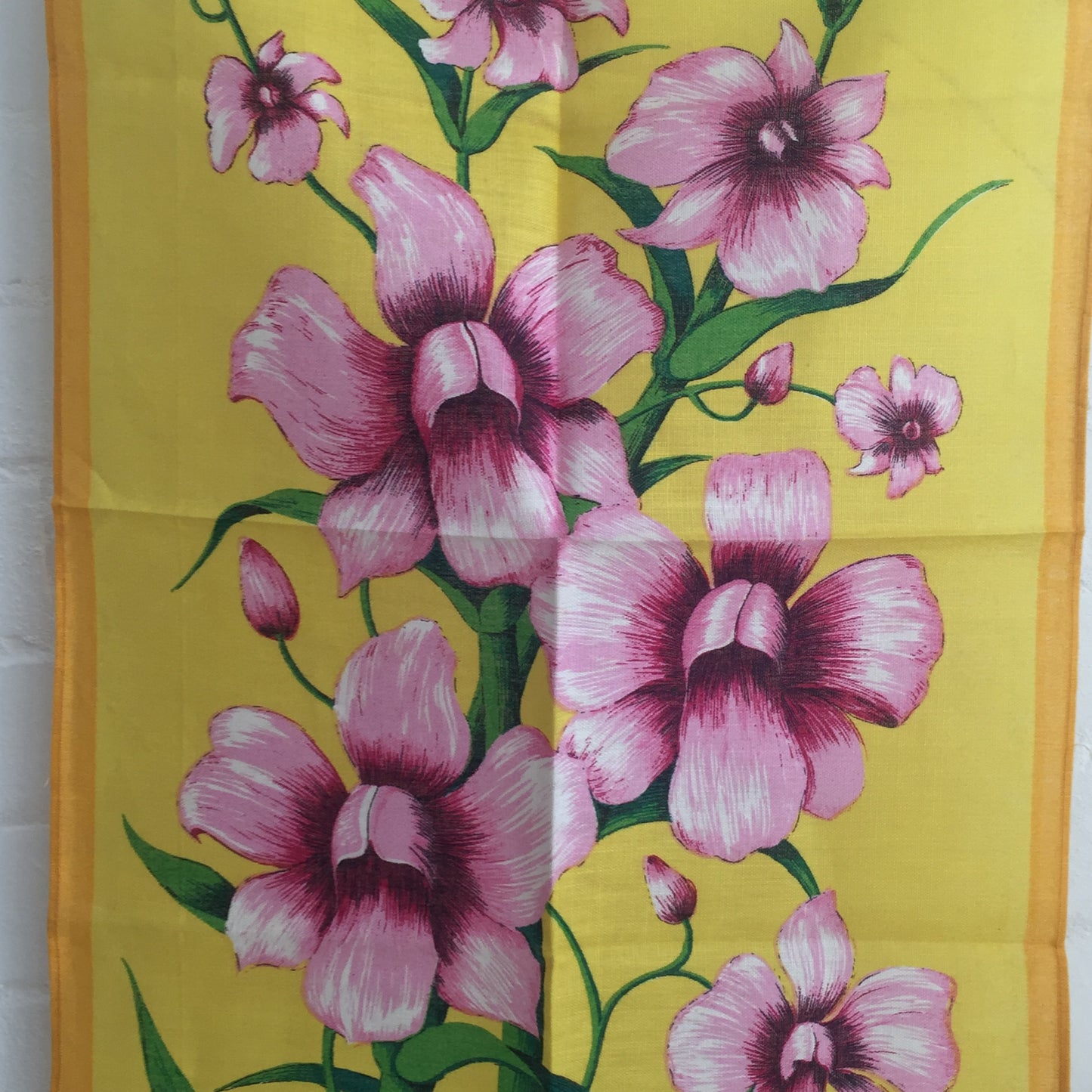 PURE Linen Unused Tea Towel Orchid Floral PRINT Fabric Vintage