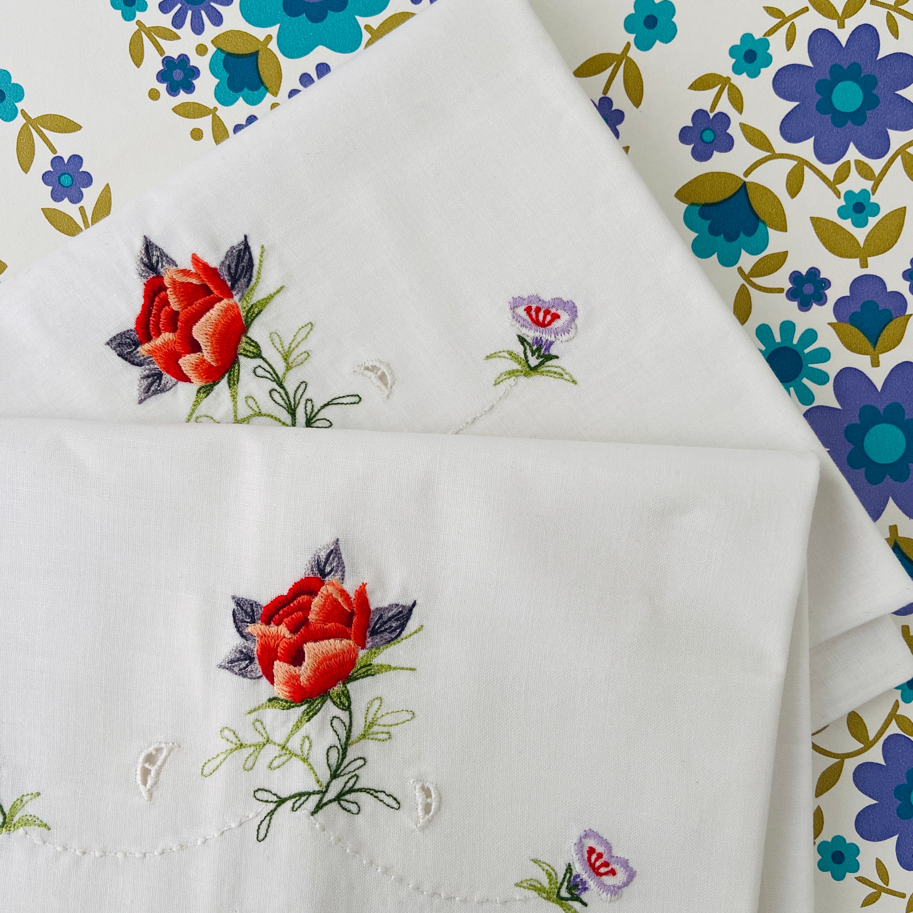 UNUSED Old New Stock Embroidered Pillow Cases RED Rose