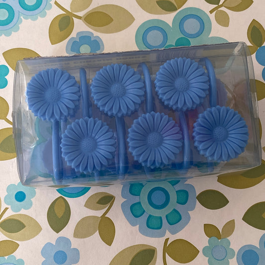 BOXED Curtain Hooks Blue Floral Rings Plastic