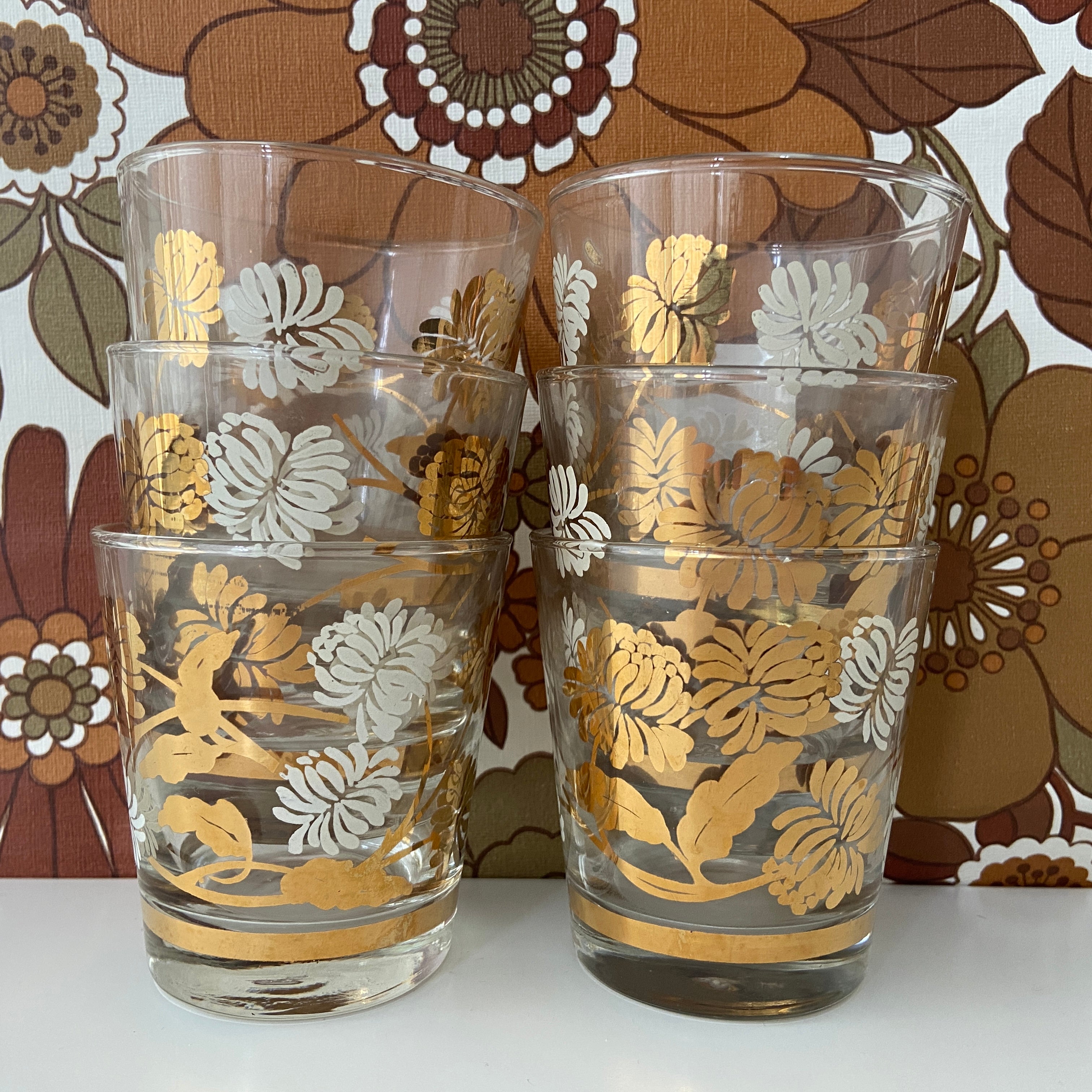 Set of SIX Vintage Gold Floral Glasses