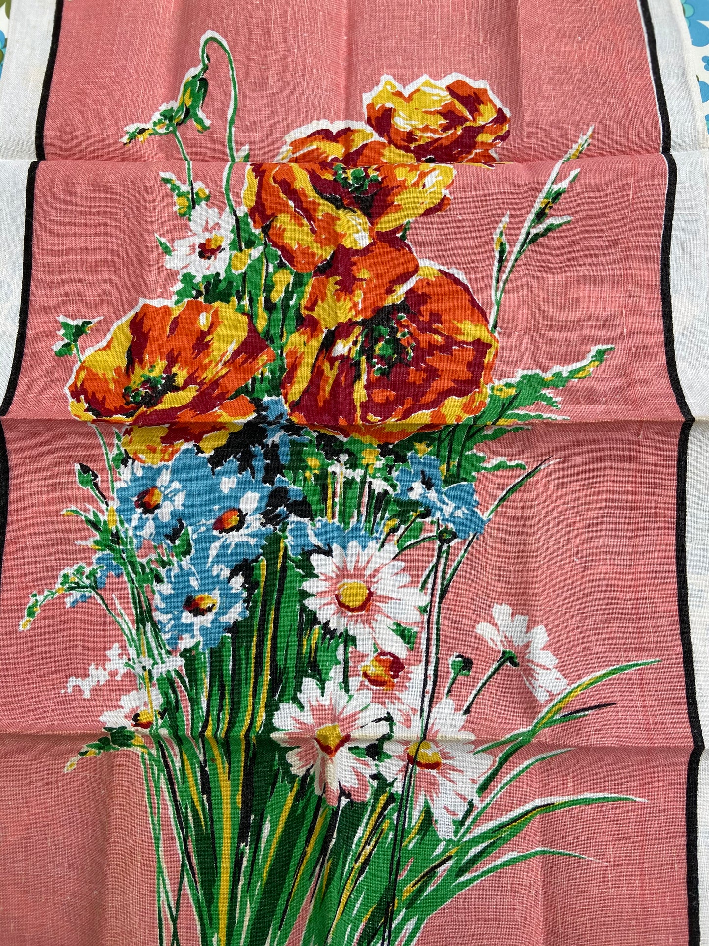 Floral Vintage PURE LINEN Tea Towel 70's Kitchen PRINT