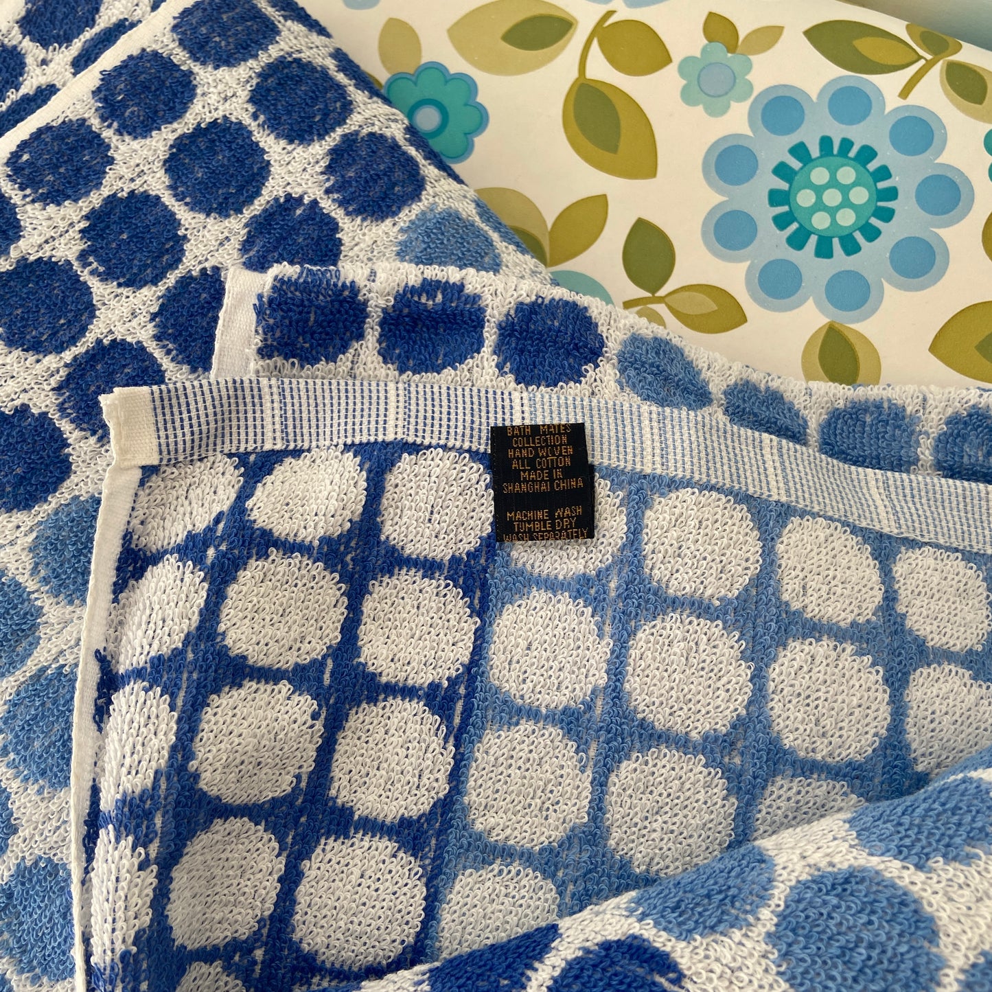 Pair of UNUSED Vintage POLKA Dot Bath Towels Blue Pink Peacock