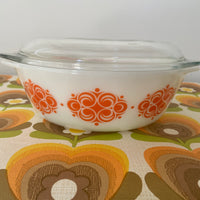 Vintage AGEE Pyrex Orange GEOMETRIC Swirl pattern round casserole