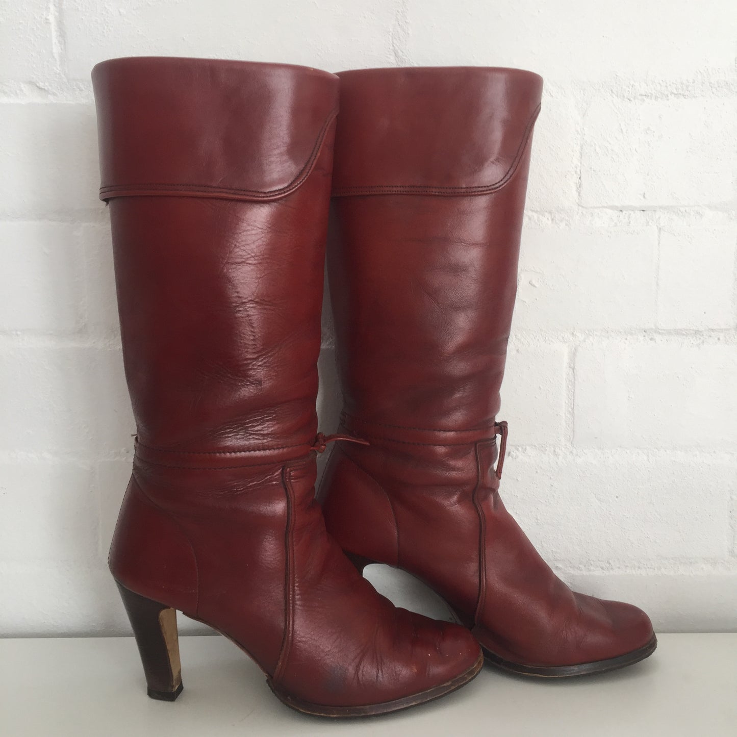 Vintage Brown Genuine Leather Boots 70's Stacked Heel