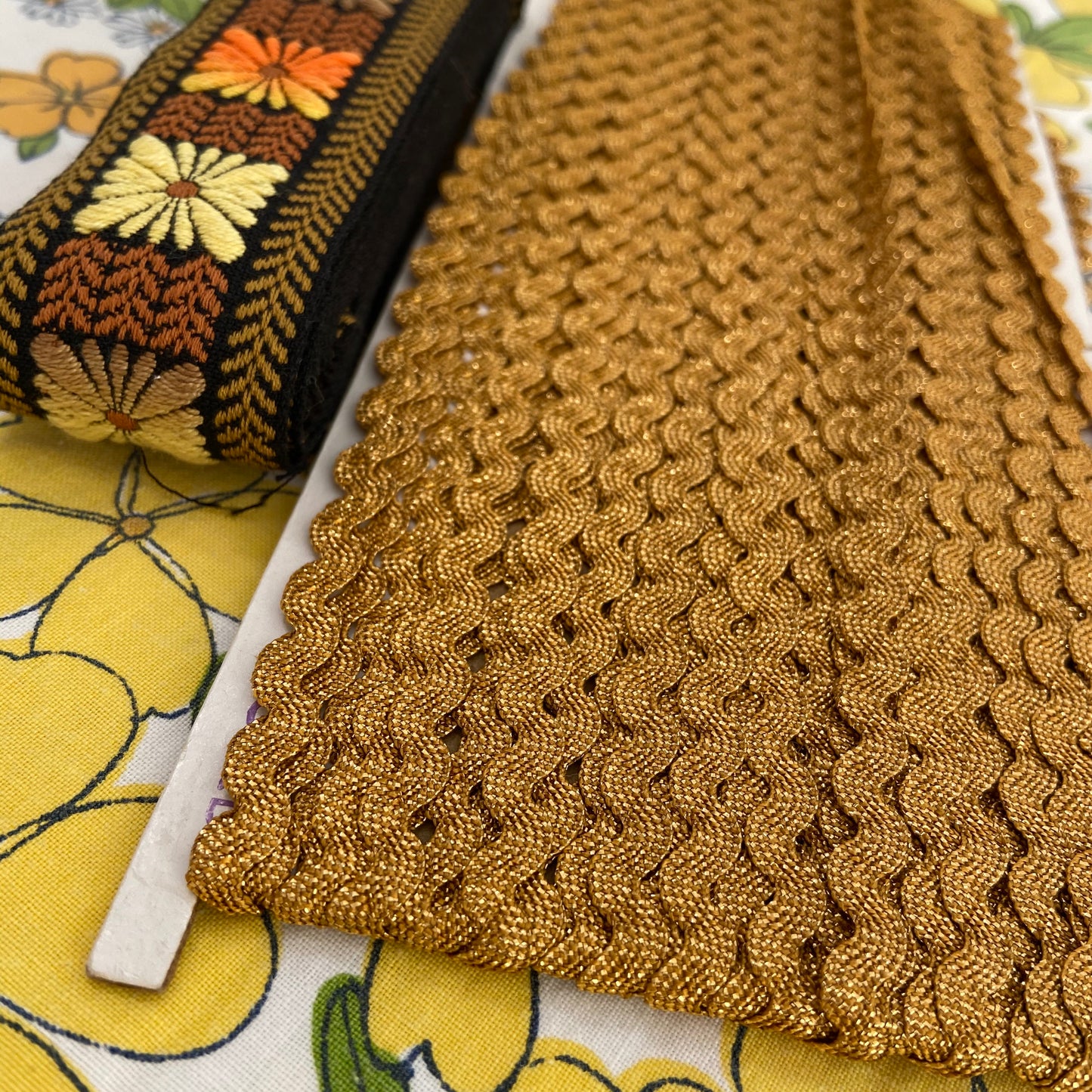 VINTAGE Embroidered Trim Ribbon 70's Craft Items RIC RAC Gold