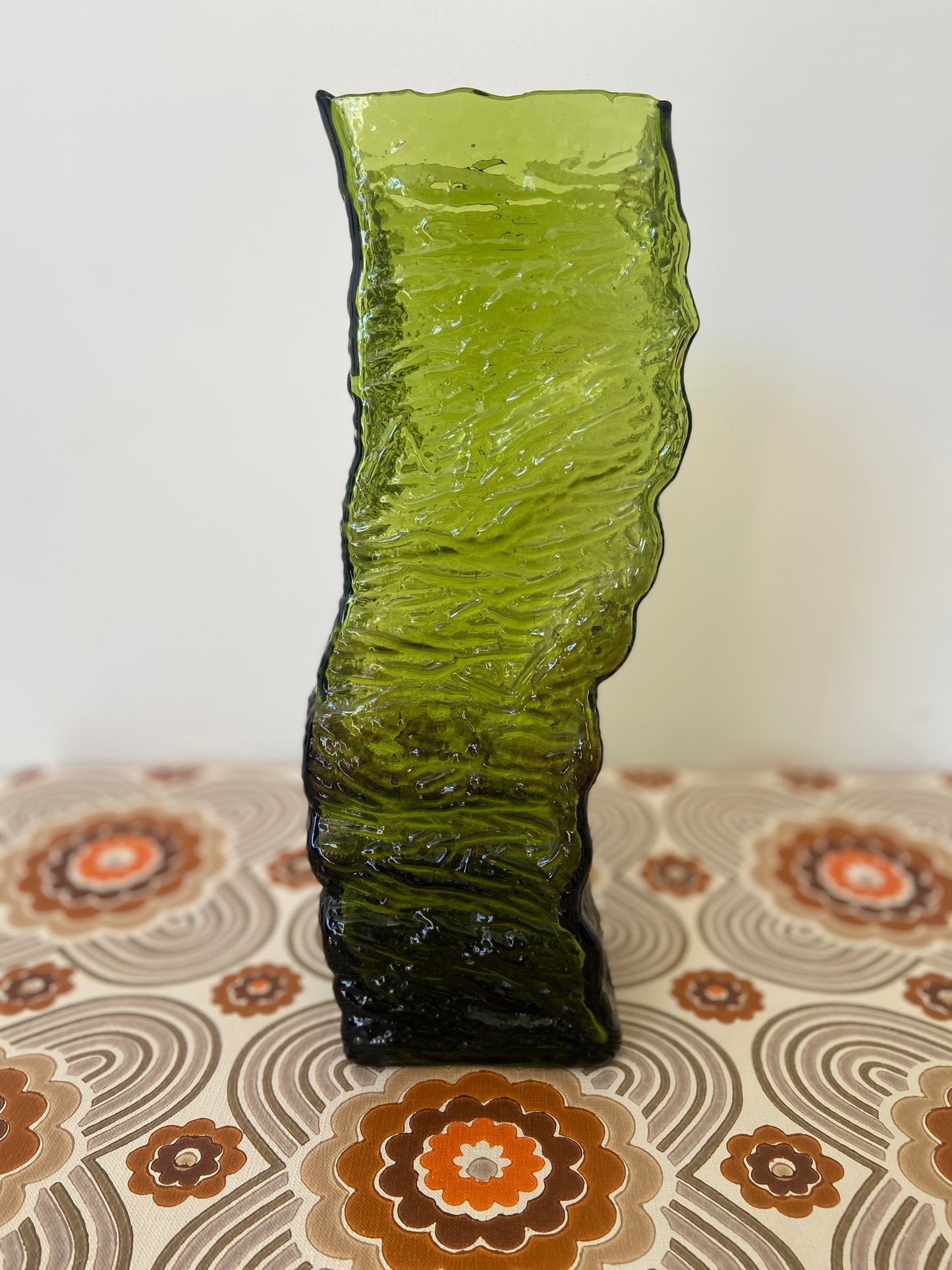 LARGE Green Vintage GLASS Vase Bark