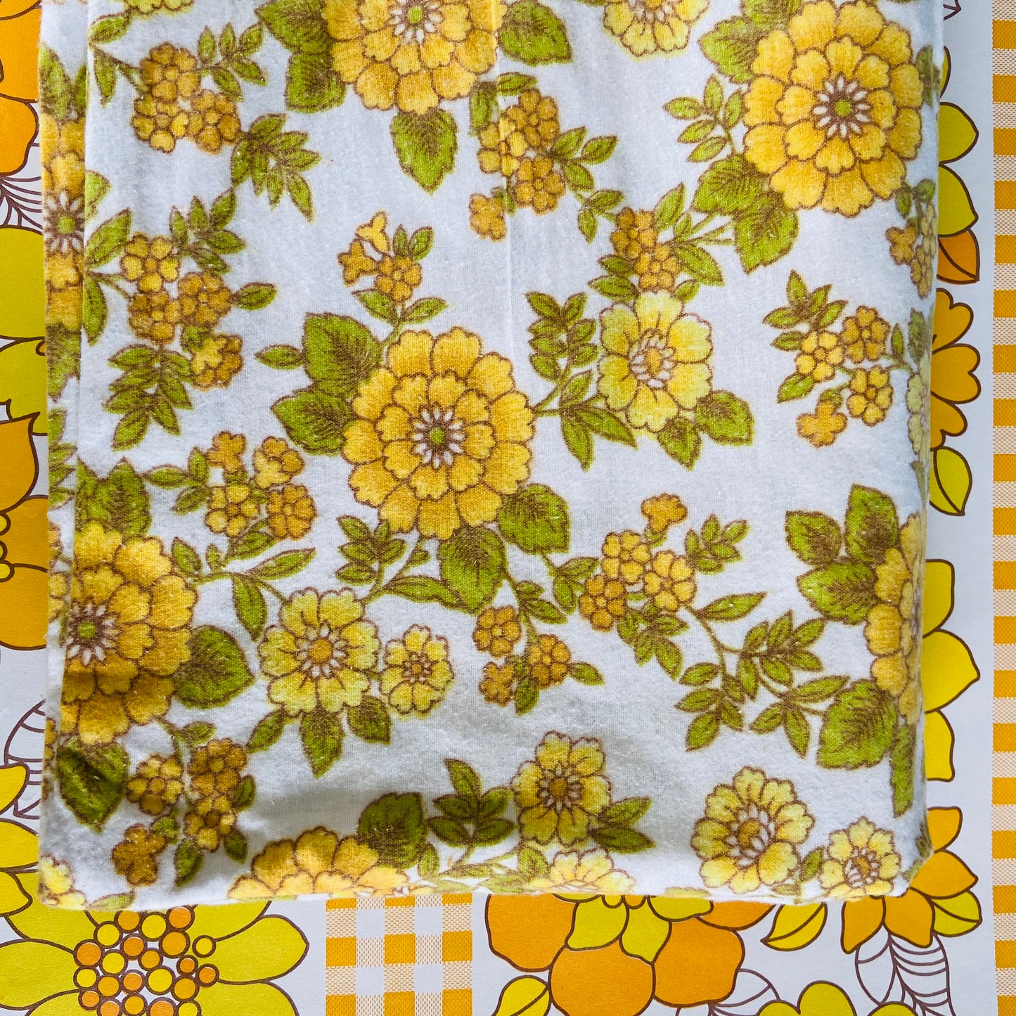 UNUSED Flannelette SHEET Fabric 70's Yellow Floral RETRO Vintage