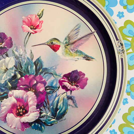 Pretty Vintage Tin Tray Purple Birds & Flowers Kitchen Display