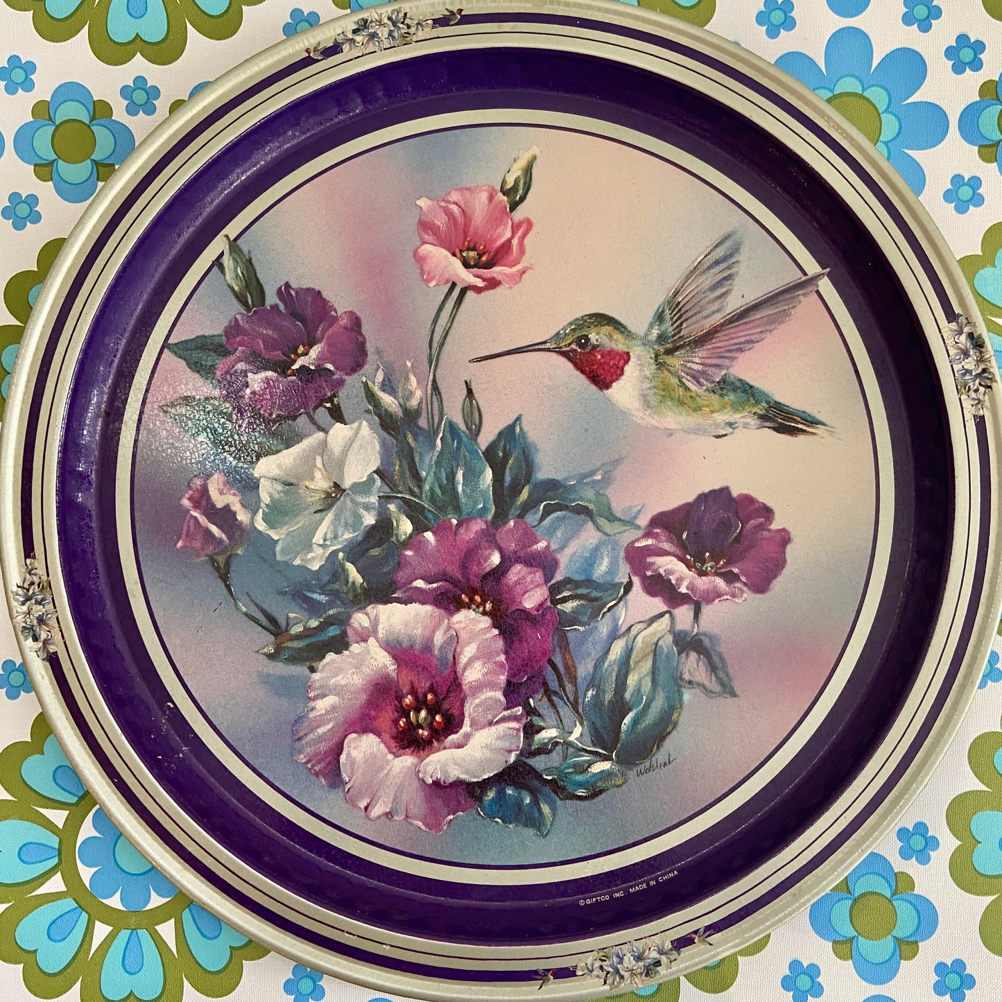 Pretty Vintage Tin Tray Purple Birds & Flowers Kitchen Display