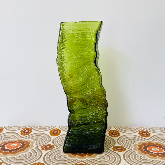 LARGE Green Vintage GLASS Vase Bark