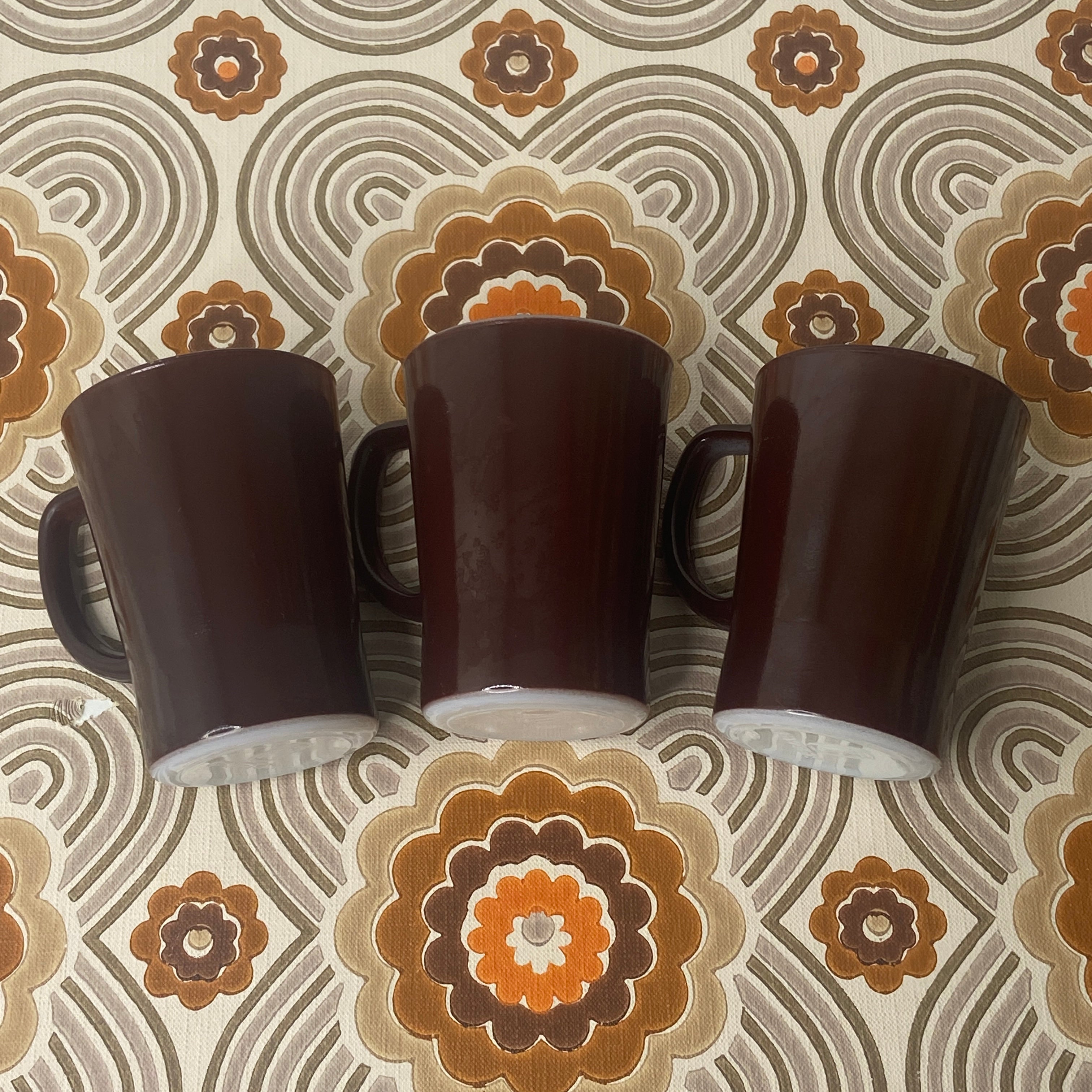 Set of THREE Mahogany 1966 Pyrex Mugs