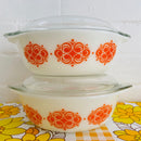 Vintage AGEE Pyrex Orange GEOMETRIC Swirl pattern round casserole