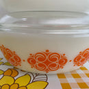 Vintage AGEE Pyrex Orange GEOMETRIC Swirl pattern round casserole