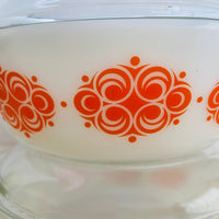 Vintage AGEE Pyrex Orange GEOMETRIC Swirl pattern round casserole