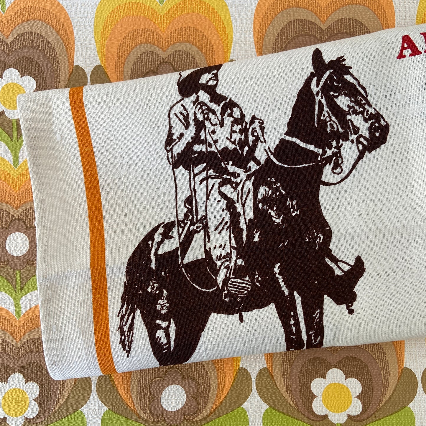 UNUSED Vintage Linen Tea Towel Drover's Reunion