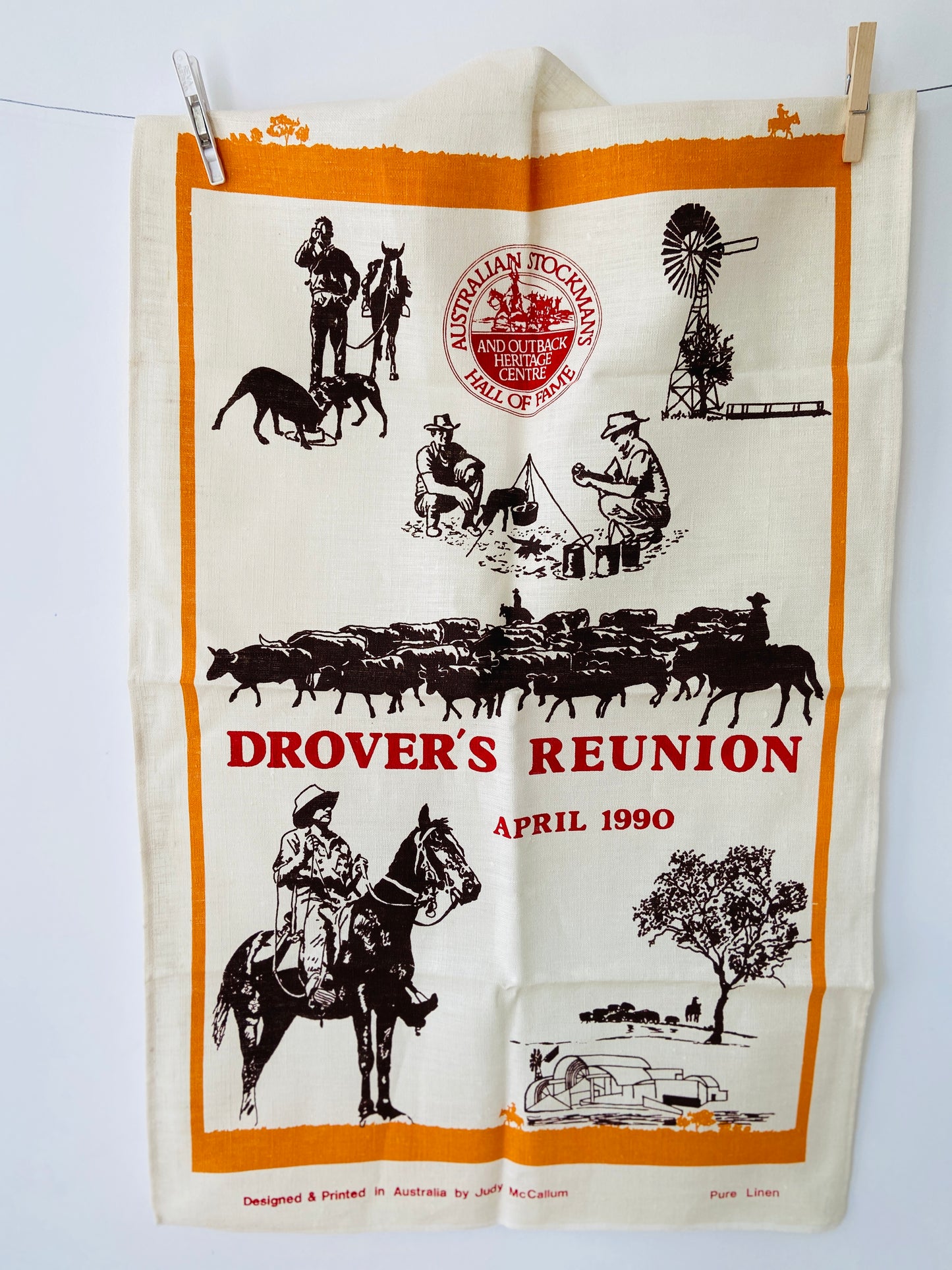 UNUSED Vintage Linen Tea Towel Drover's Reunion