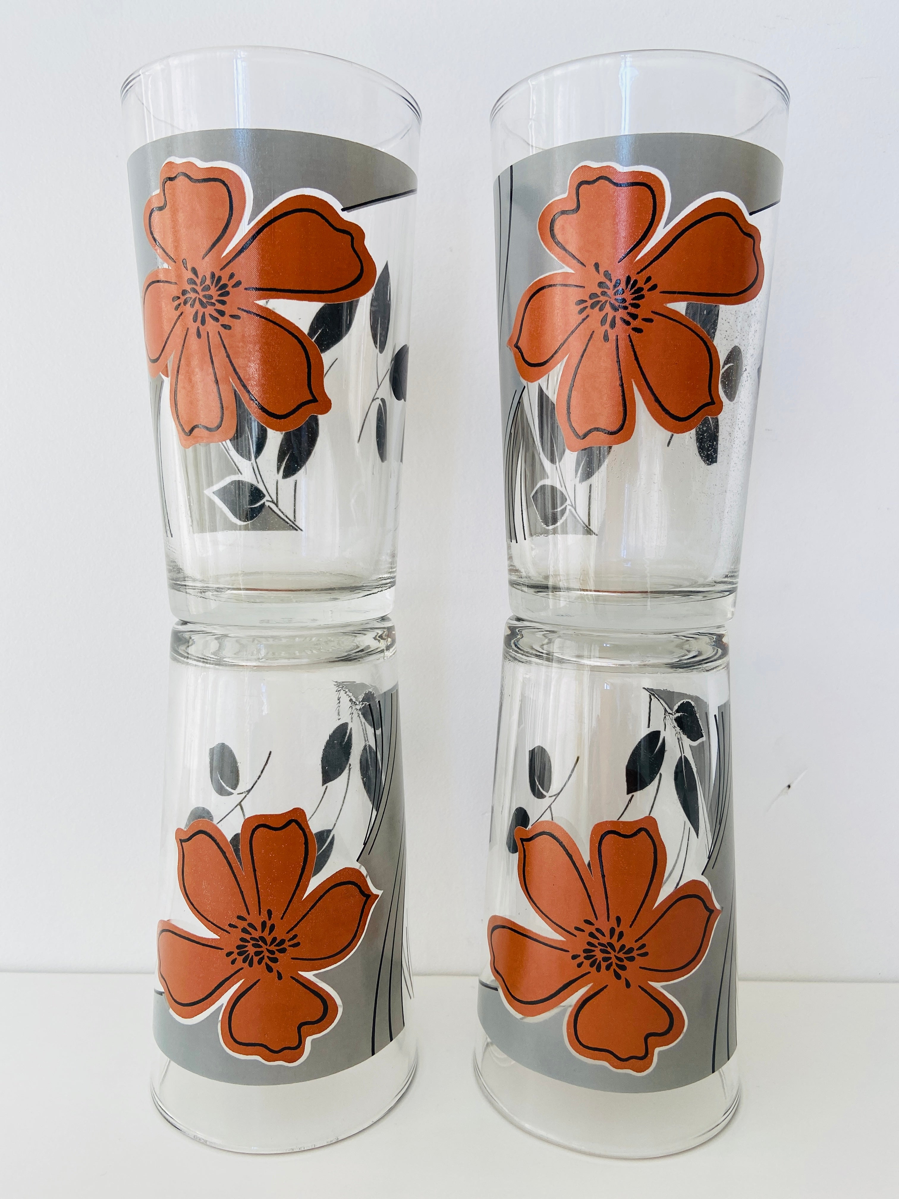 Set of Four Vintage GLASSES Brown Floral